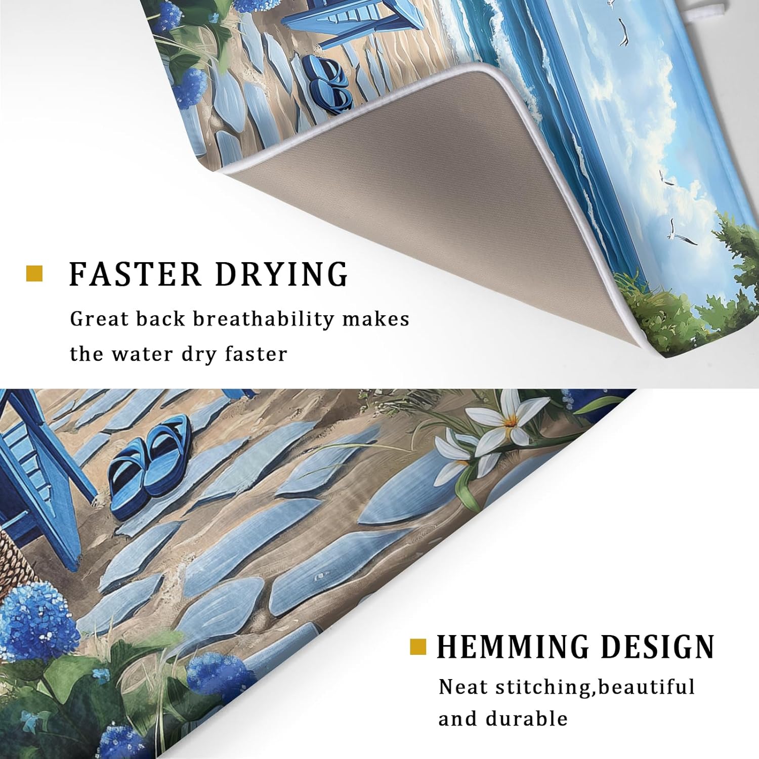 Summer Beach Chairs Dish Drying Mat Sea Wave Blue Floral Drying Mat fo Kitchen Counter 16”x18”