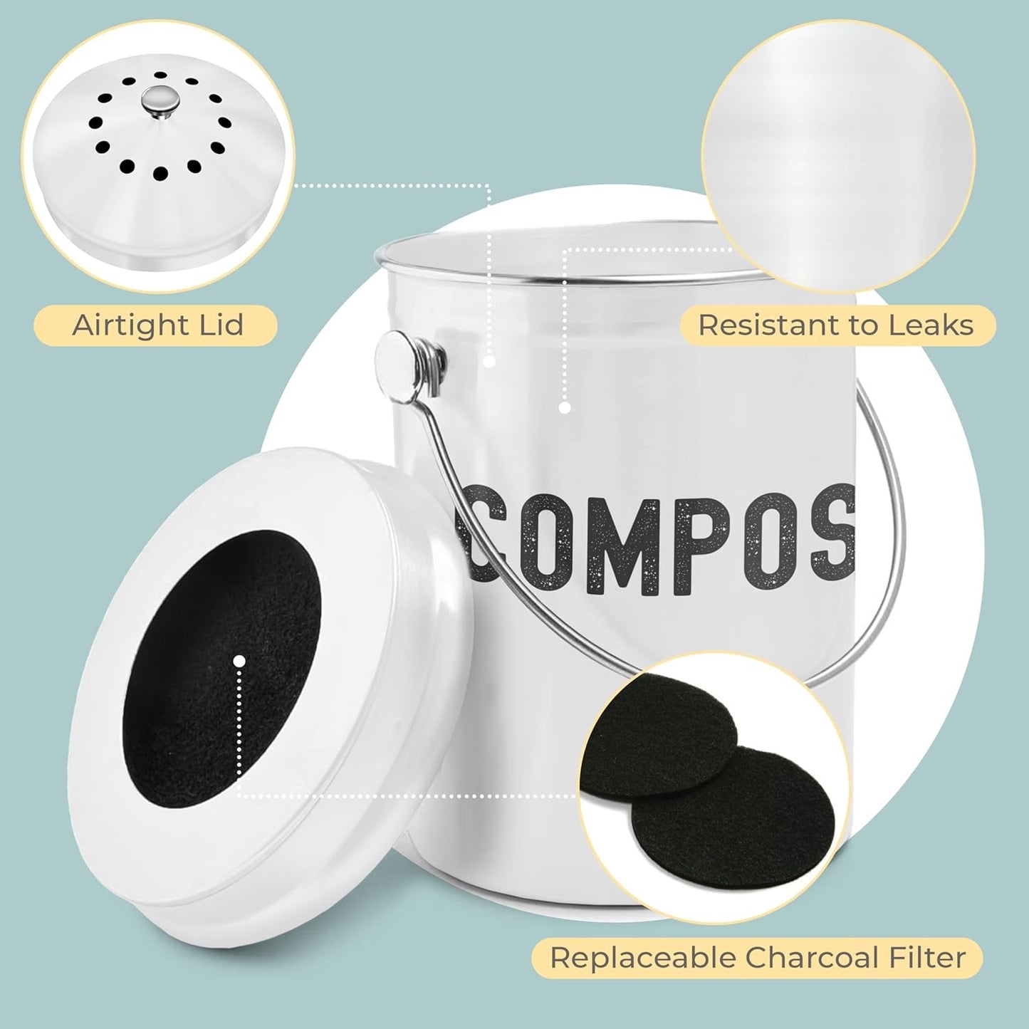 EPICA Countertop Compost Bin Kitchen | 1.3 Gallon | Odorless Composting Bin with Carbon Filters |