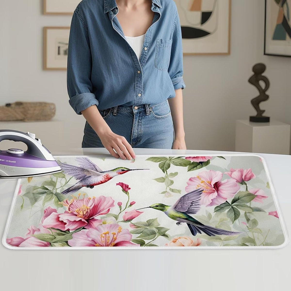 Hummingbird Ironing Mat for Table top Washer,Dryer,Countertop,Floral Print Portable Iron Pad