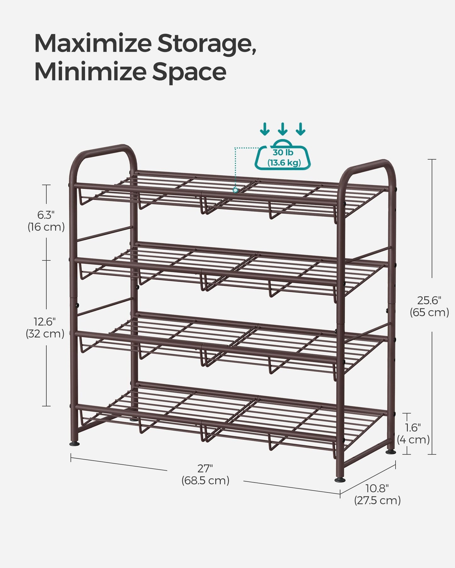 SONGMICS Stackable Shoe Rack, 4 Tier Metal Shoes Rack Storage Shelf, Holds up to 16 Pairs Shoes