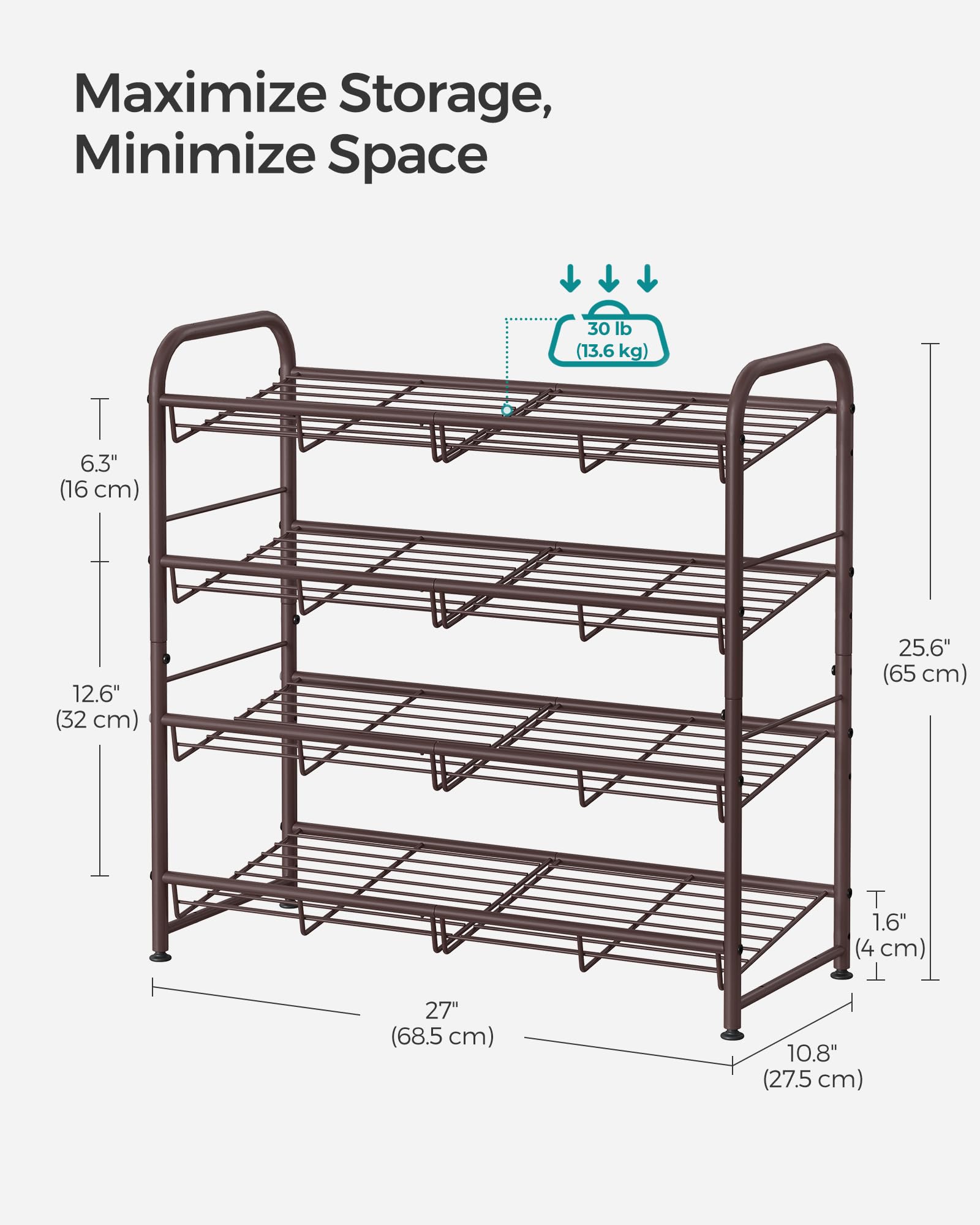 SONGMICS Stackable Shoe Rack, 4 Tier Metal Shoes Rack Storage Shelf, Holds up to 16 Pairs Shoes