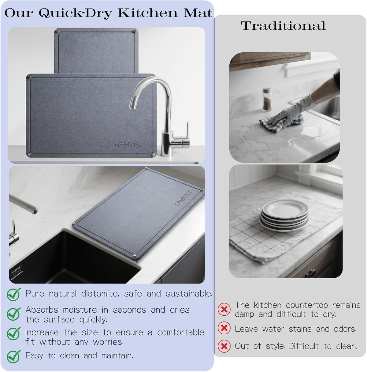 Stone Dish Drying Mat 24"×16" Large Diatomaceous Earth Dishes Quick Dry Pad for Kitchen Counter