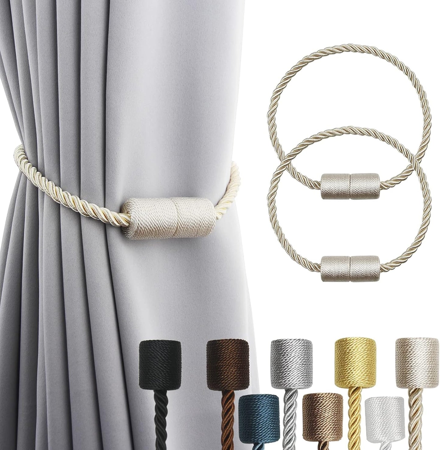 2 Pack Beige Strong Magnetic Curtain Tiebacks Outdoor Elegant Decorative Tie Backs Modern Rope