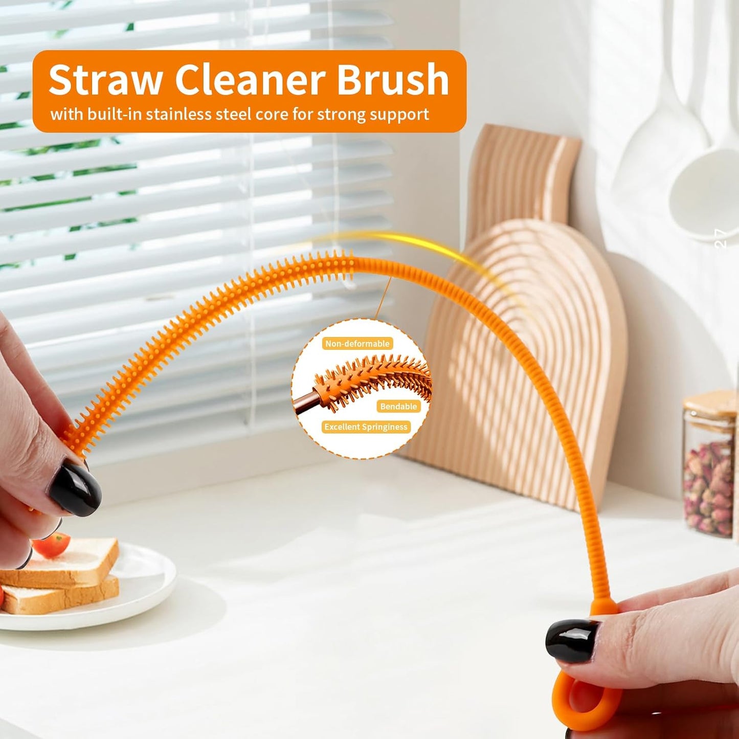 2Pcs Silicone Straw Cleaner Brush, 9.84in Reusable Straw Cleaner with Bendable Steel Core, Extra