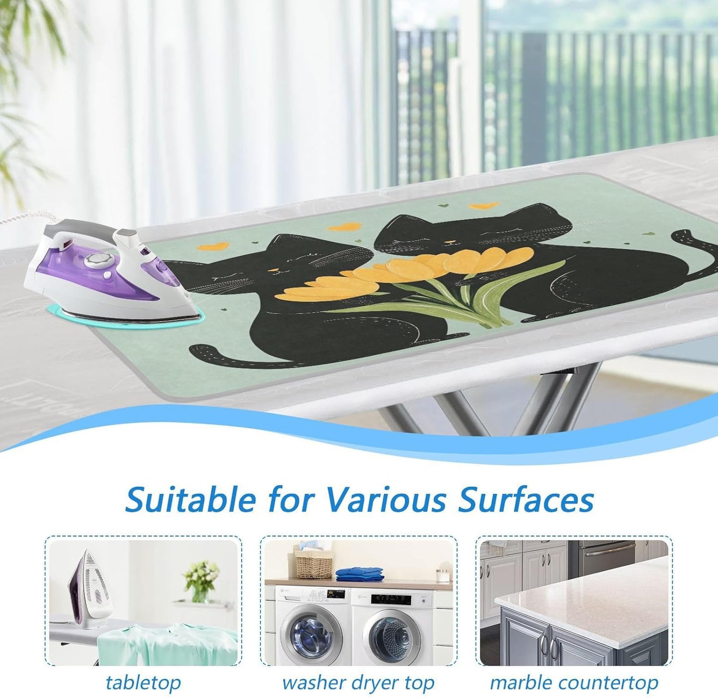 Black Cats Tulips Green Ironing Mat Thickened Ironing Blanket Travel Portable Double-Side Using