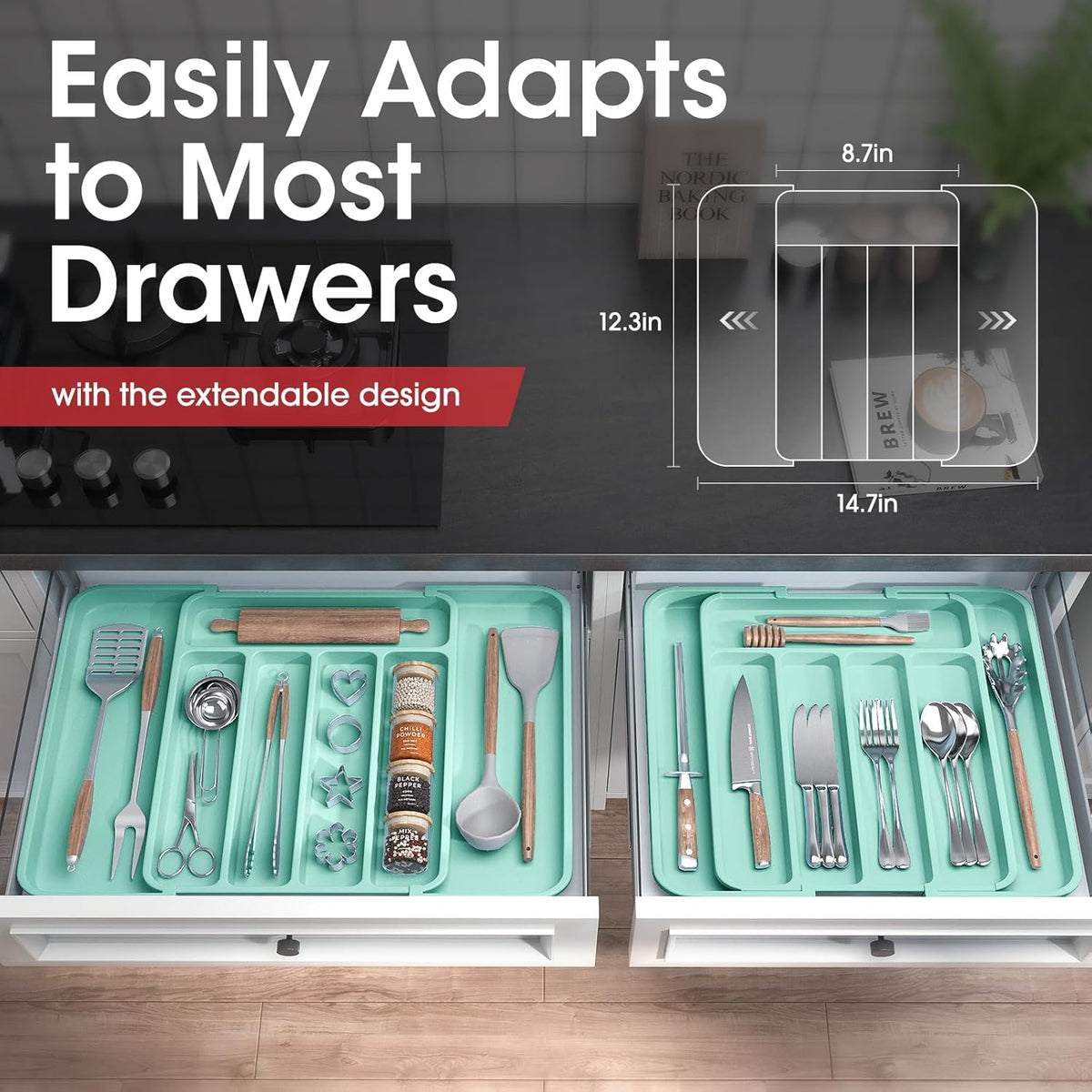 Aujen Silverware Organizer - Expandable Kitchen Drawer Organizer, Adjustable Utensil Organizer