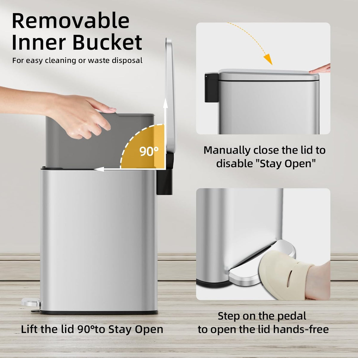 KUK Slim Bathroom Trash Can with Lid, 1.6 Gal / 6L Stainless Steel Small Garbage Bin with