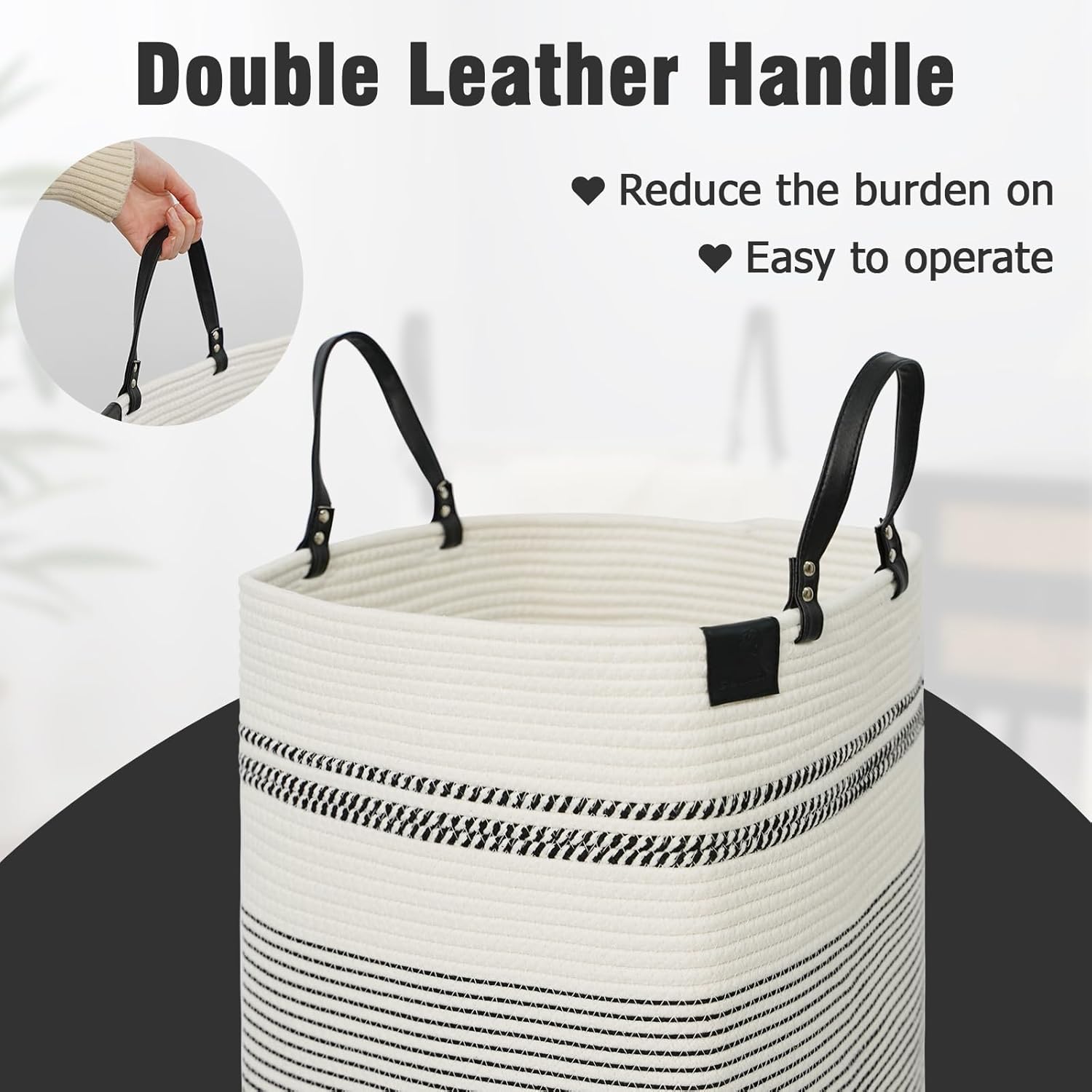 danpinera 75L Woven Laundry Hamper with Long Leather Handles, Baby Laundry Basket for Nursery, Tall