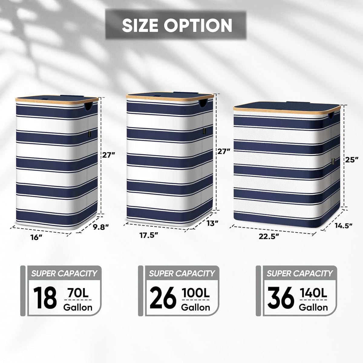 BALEINE Laundry Hamper with Lid, Tall Laundry Baskets with Bamboo Pull Handles, Large Laundry Bin