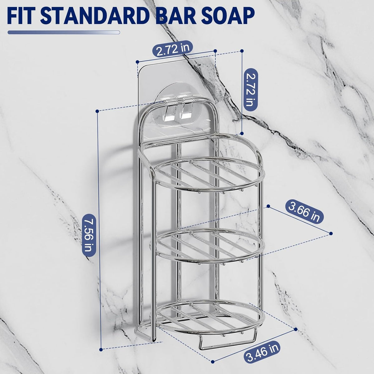 Silver 3-Tier Shower Soap Shampoo Bar Holder, Self Adhesive & Freestanding Draining Soap Dish Caddy
