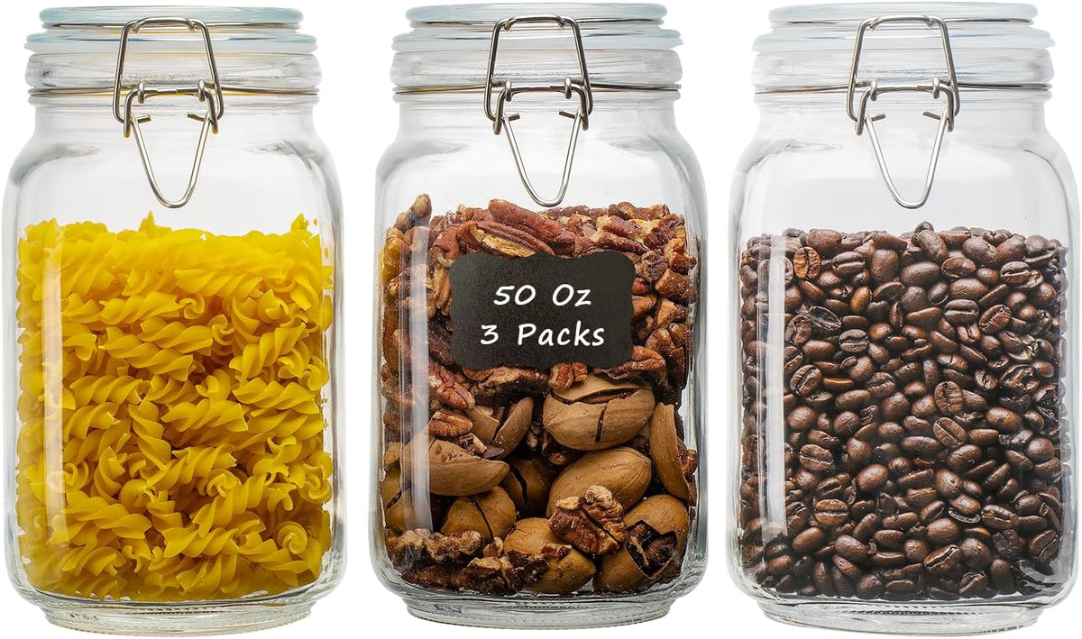 50oz Square Glass Food Storage Jars with Airtight Clamp Lids, 3 Pack Large Kitchen Canisters for