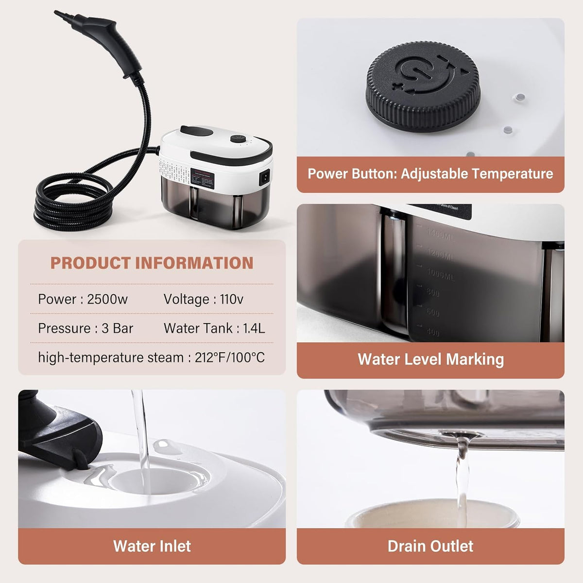 Lamberia 2500W Handheld Pressurized Steam Cleaner with 12pcs Accessories, 1400ml 1.5 Quarts Tank