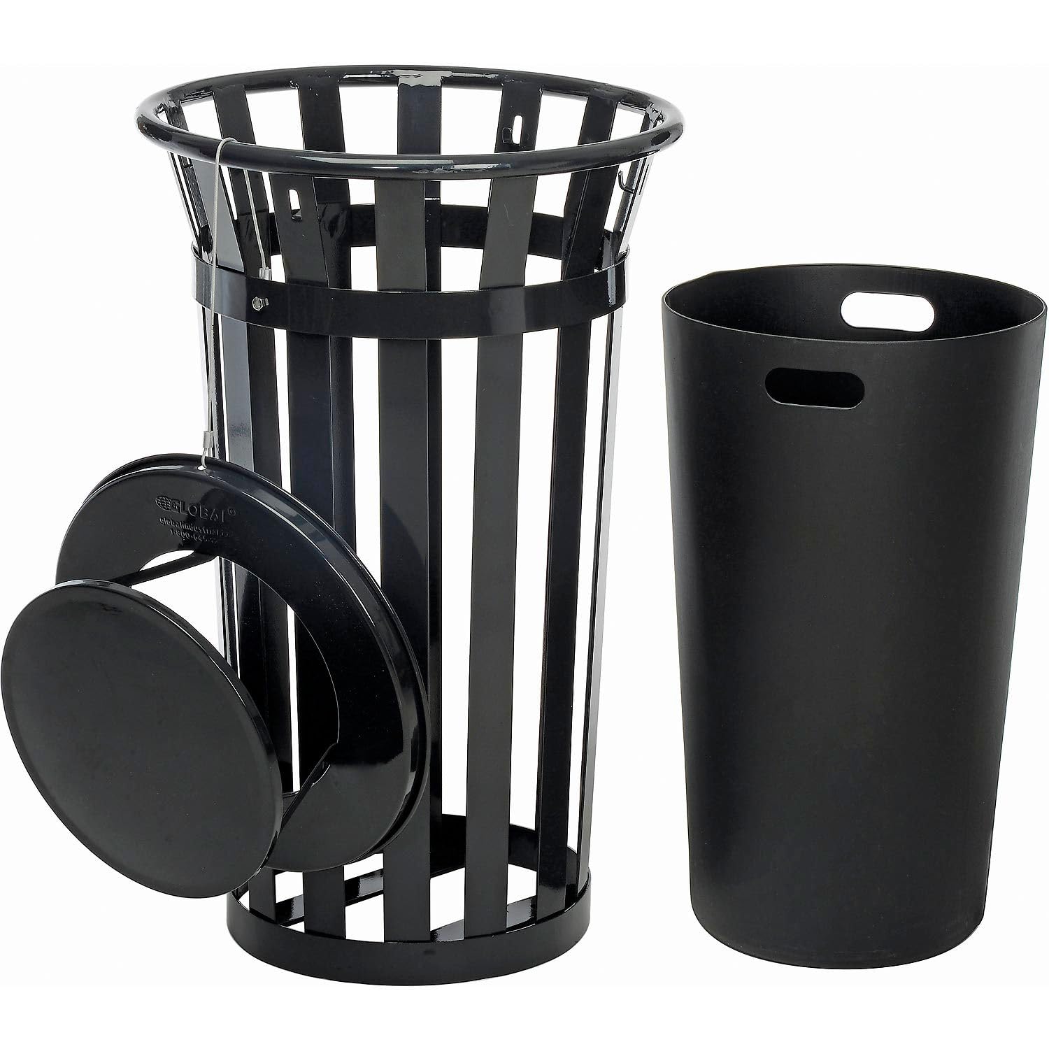 Global Industrial 24 Gallon Heavy-Duty Outdoor Metal Slatted Round Trash Receptacle with Rain