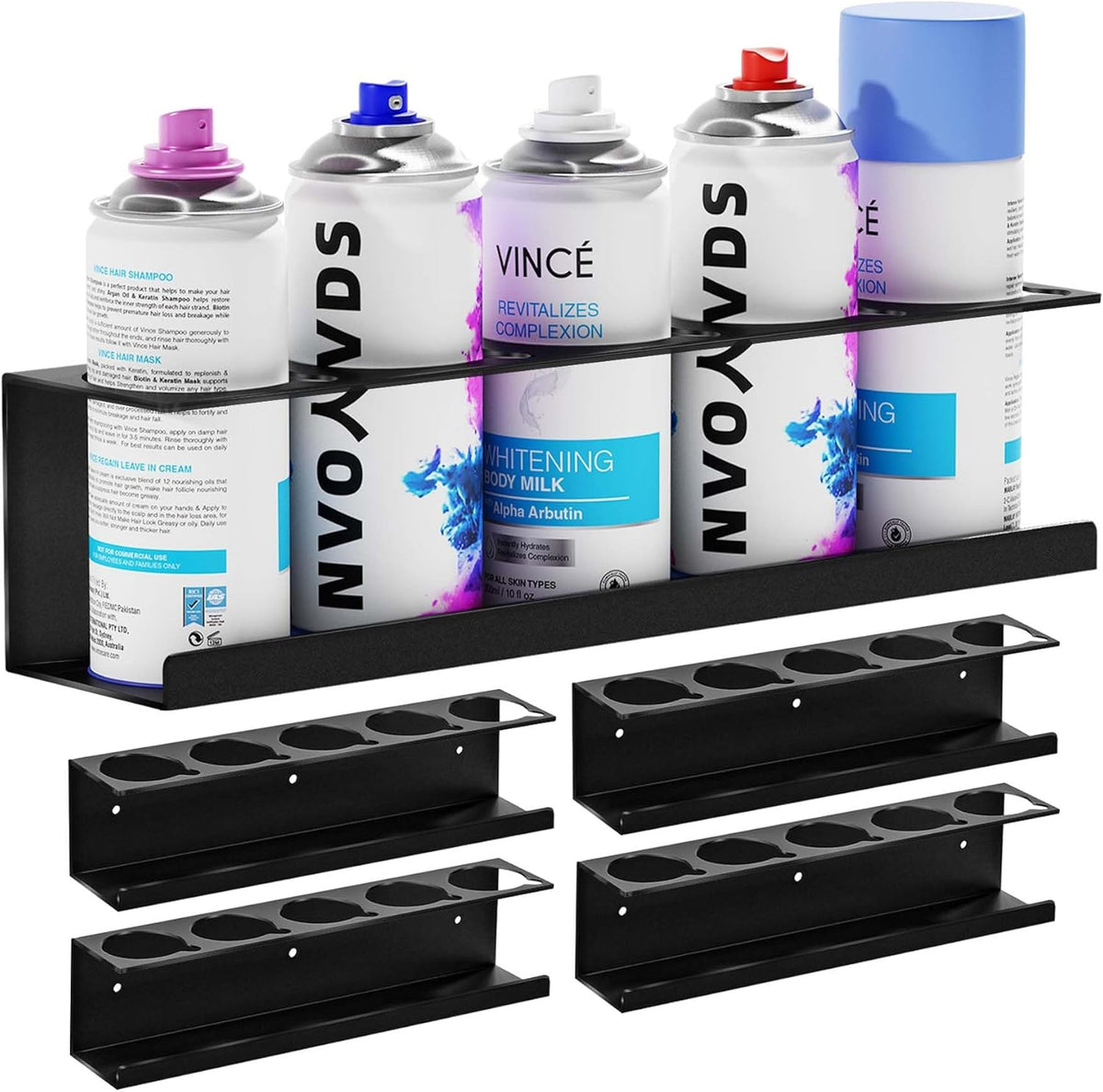 Wall-Mounted Spray Can Holder Rack Organize, 4 Pack Black Steel Aerosol Can Holder with Straw