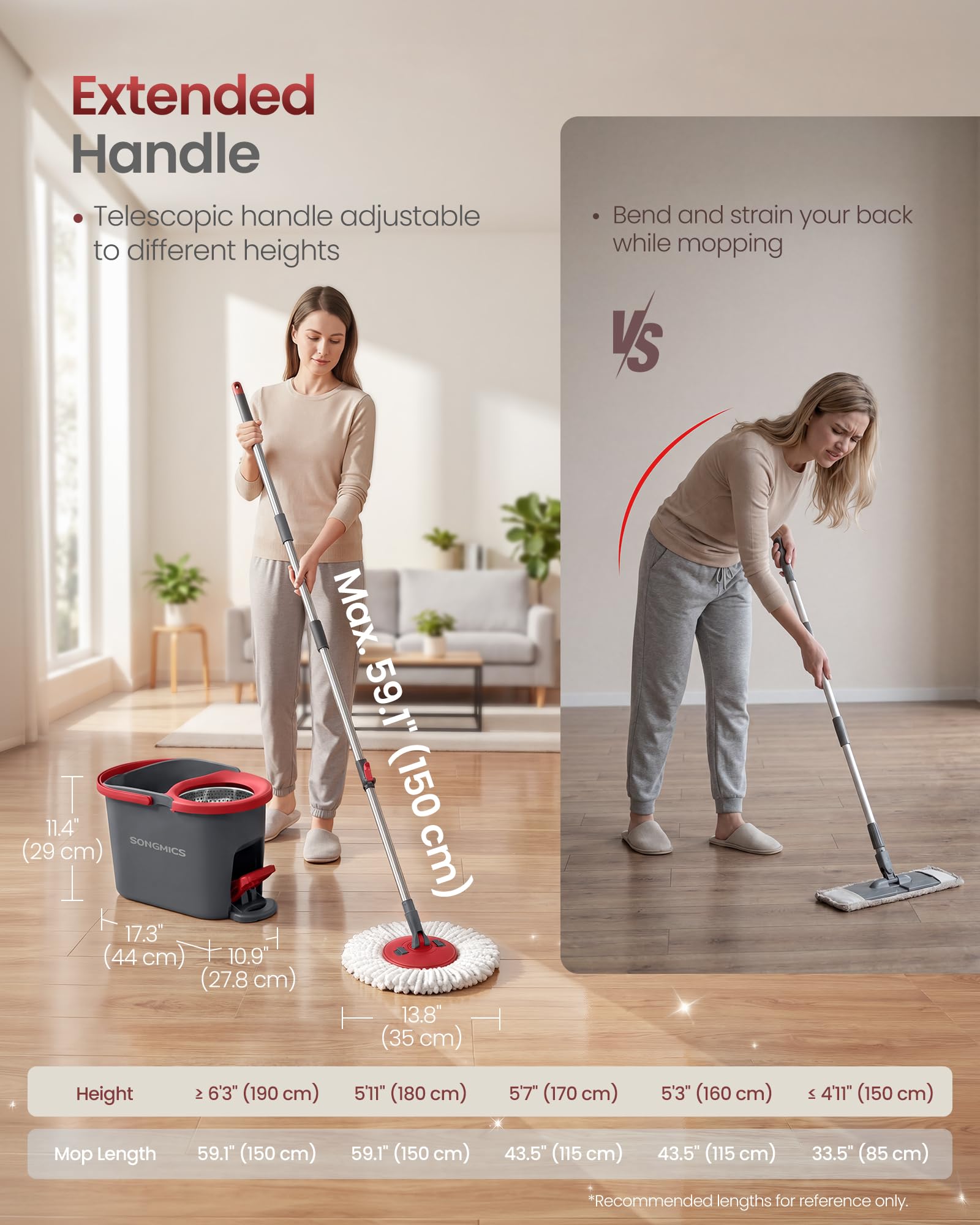 SONGMICS Spin Mop and Bucket Set with Pedal Wringer, Floor Cleaning Mop, Adjustable Telescopic