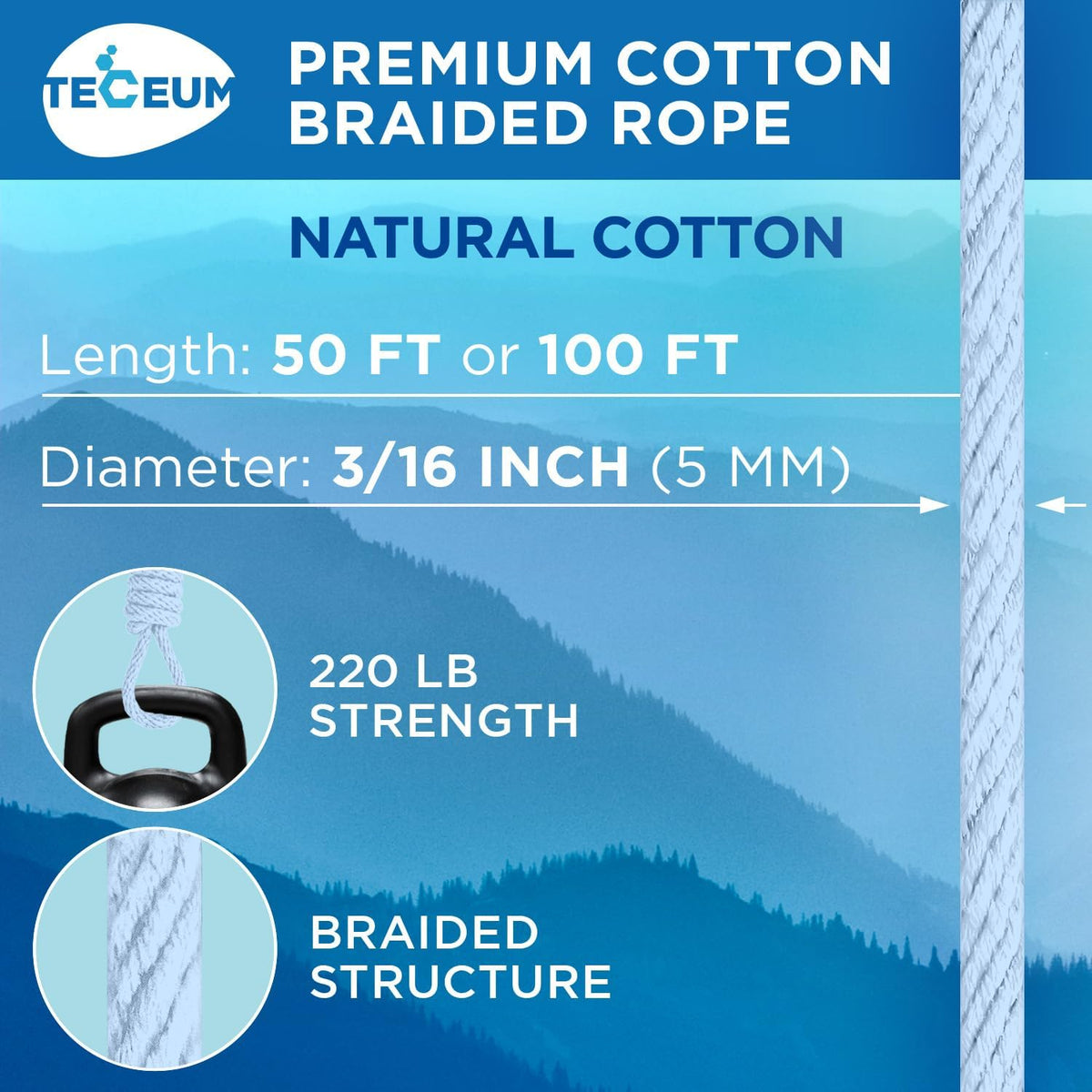 TECEUM Cotton Rope 3/16” (5 mm) – 100 FT – Strong All-Purpose Braided Rope – Natural Cotton – for