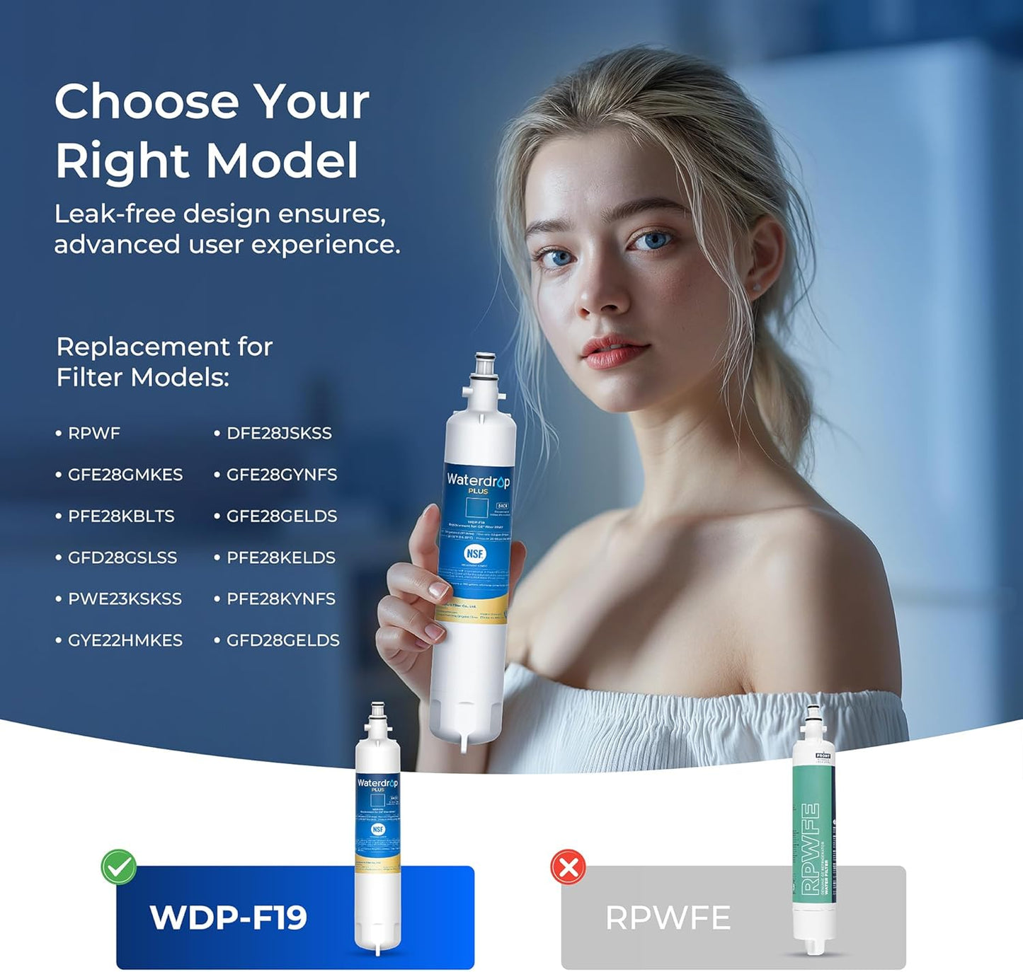 Waterdrop Plus RPWF Refrigerator Water Filter, Replacement for GE® RPWF (NOT RPWFE), Reduce PFAS