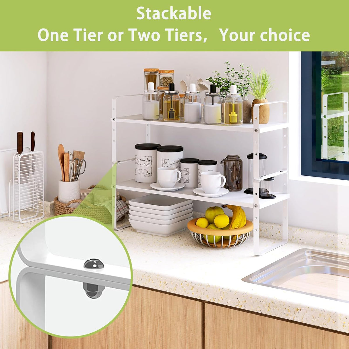 Expandable Cabinet Shelf Organizer Rack, Stackable Kitchen Counter Storage Shelves Stand