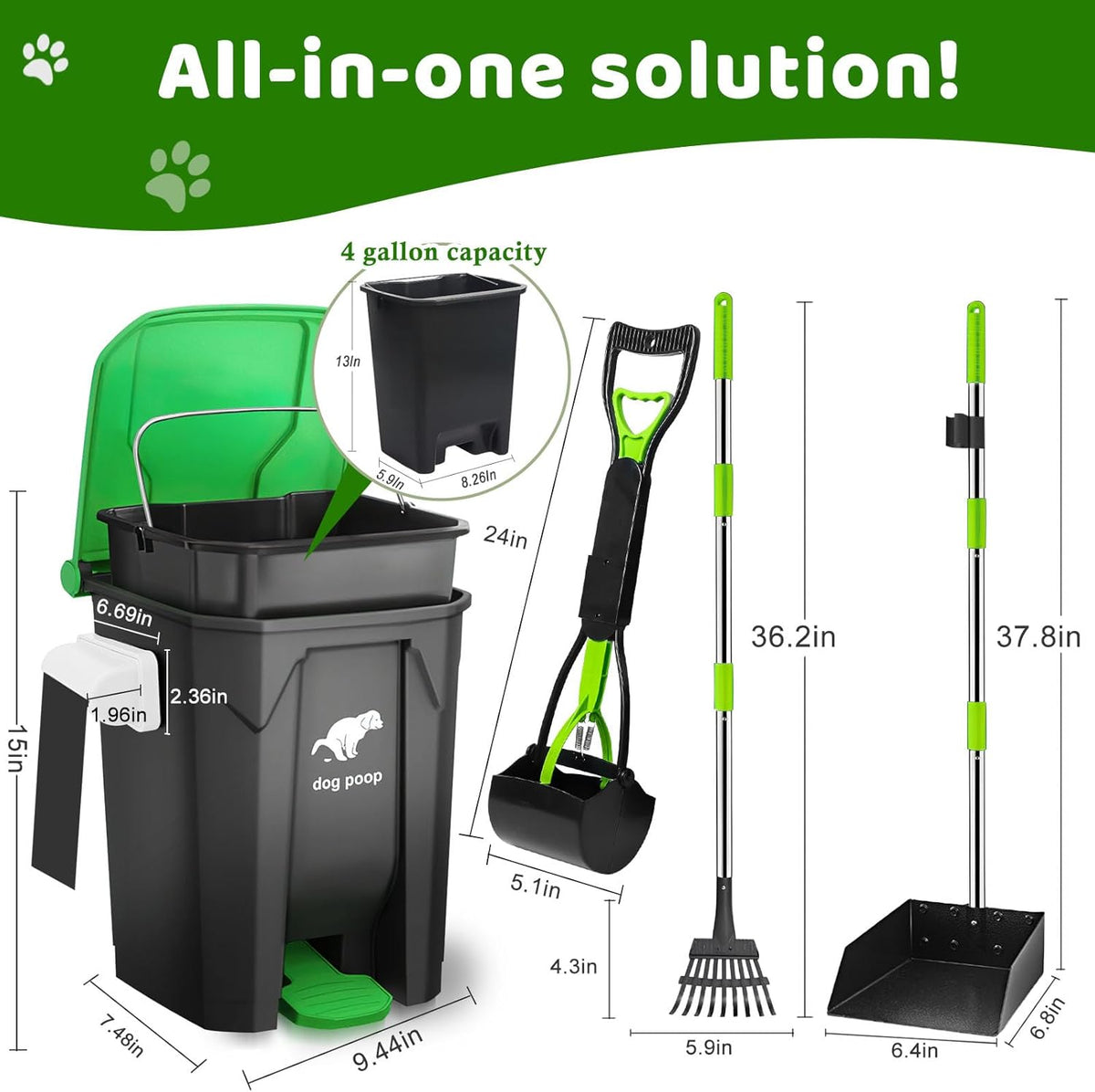 Dog Poop Trash Can Outside with Pooper Scooper and Metal Rake & Tray, 20L/5Gal Dog Waste Trash Can