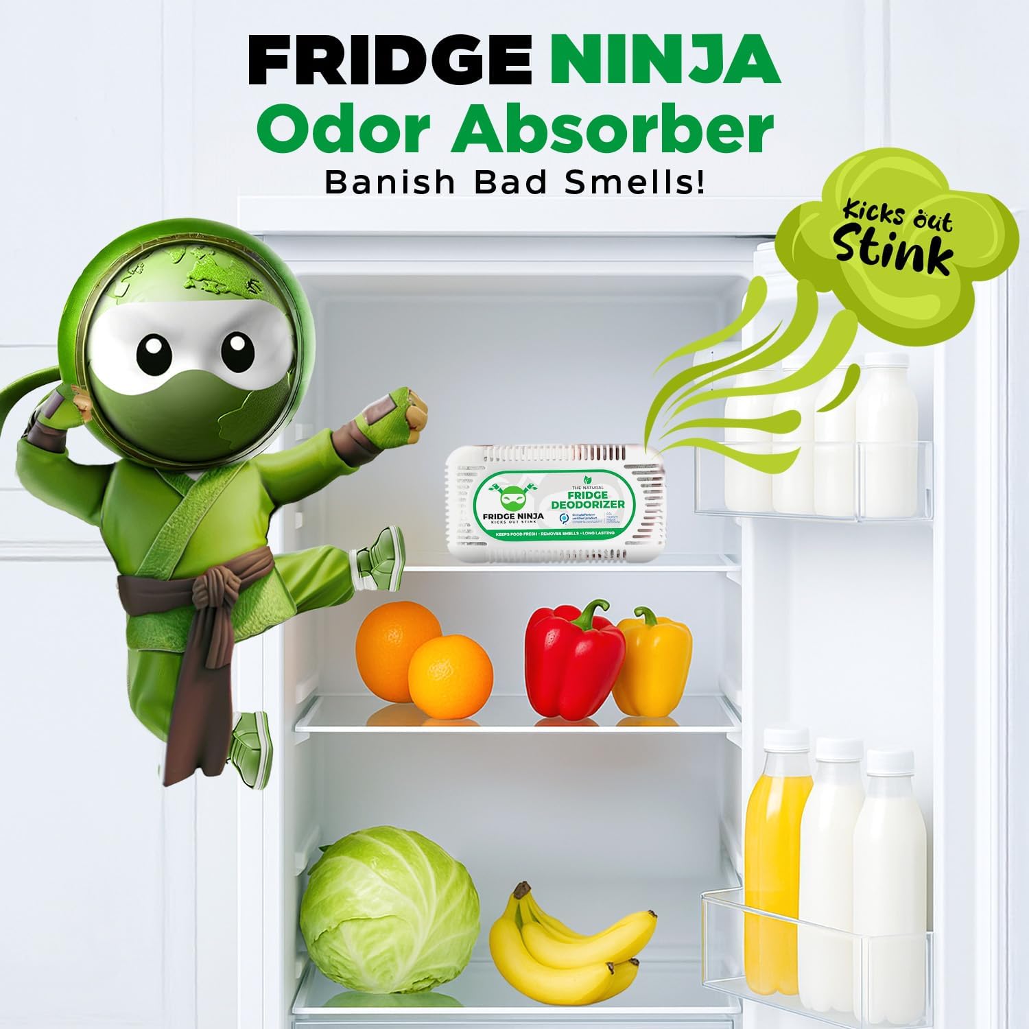 Fridge Ninja Fridge Deodorizer (4 Pack) - More Effective Than Baking Soda - Natural and Unscented
