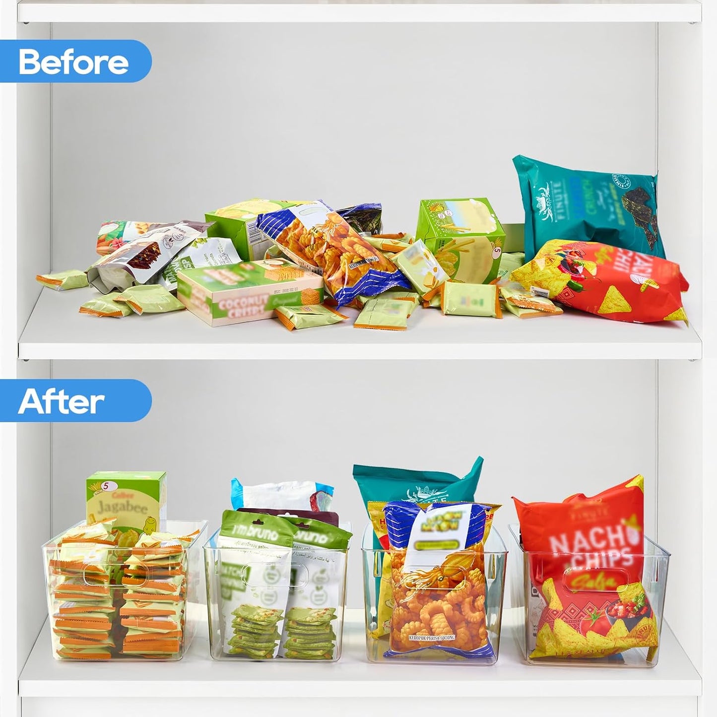 JollyPack 4 Pack Clear Plastic Storage Bins, Pantry Organizers and Storage with Handles, Clear