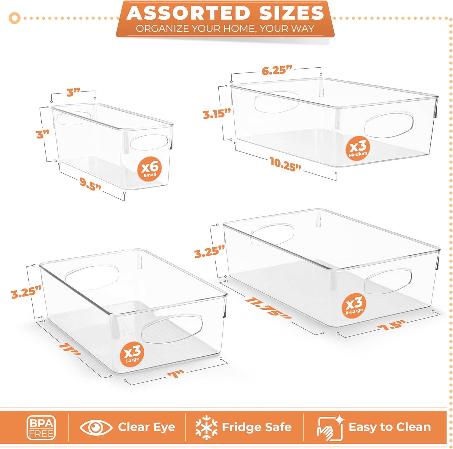 Sorbus Clear Plastic Storage Bins for Organizing, 15 Pack Clear Organizer Bins with Handles