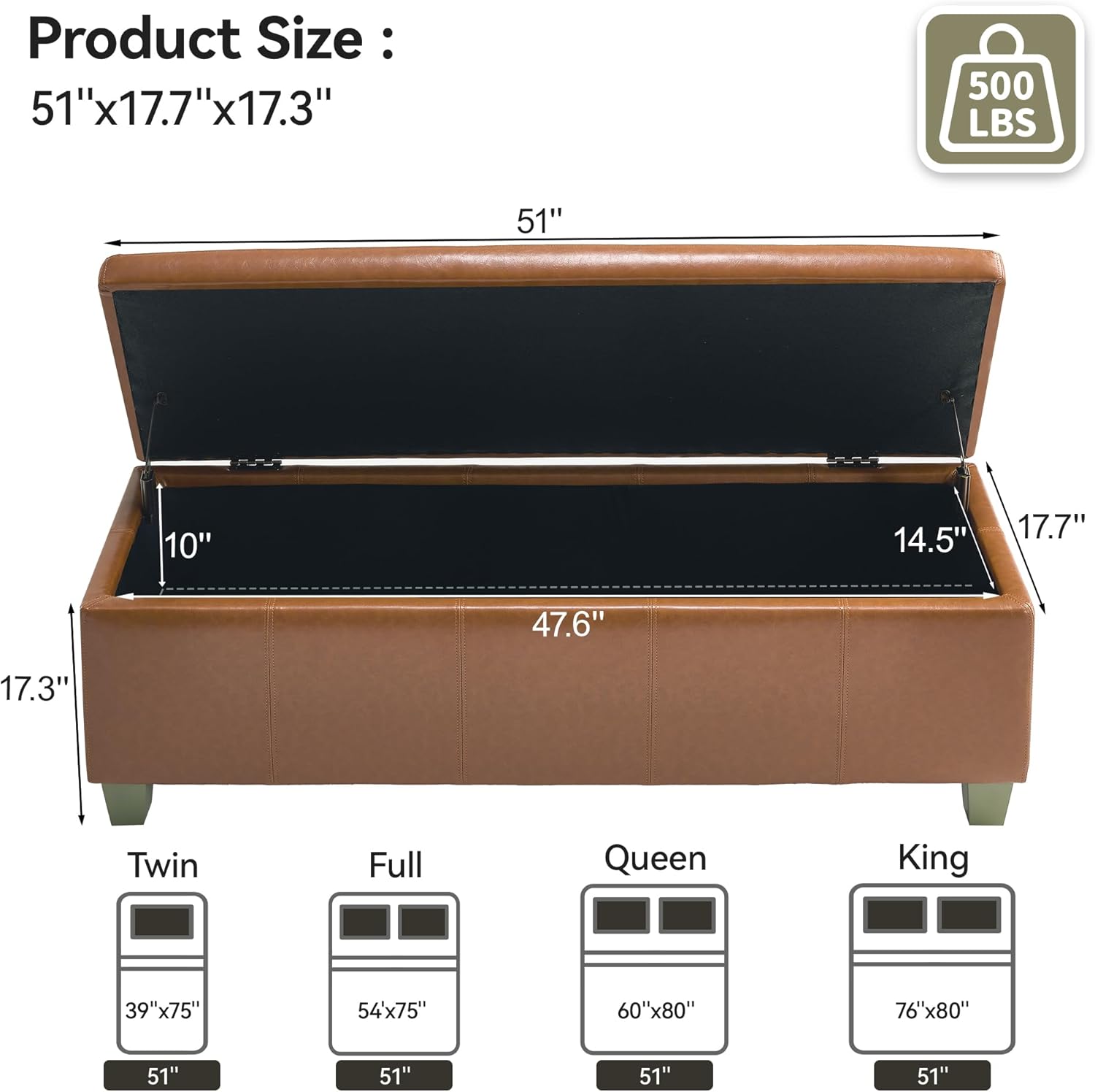 51" Faux Leather Storage Ottoman, Stitch Tufted Rectangle Upholstered End of Bed Storage Bench