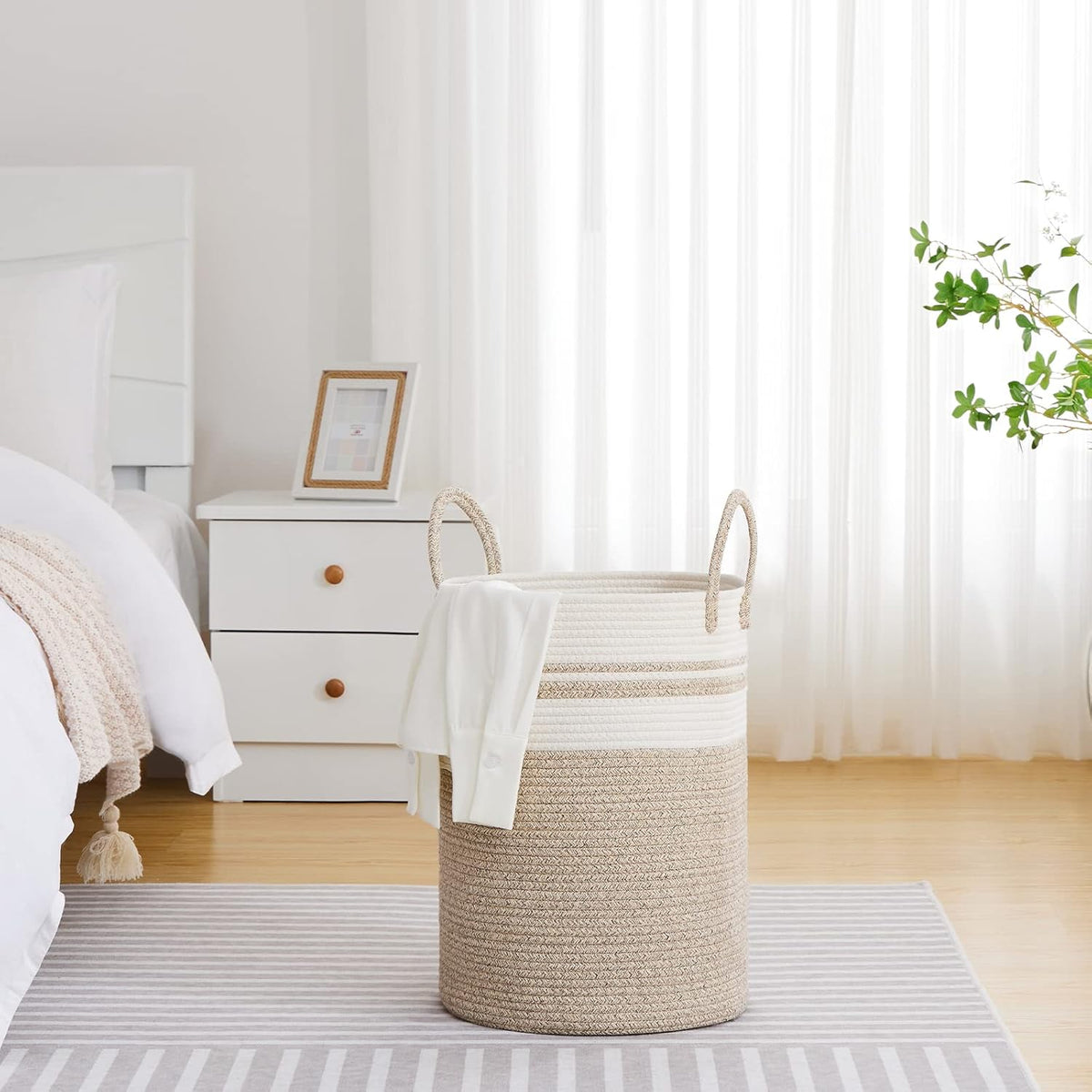 VIPOSCO Large Laundry Hamper, Tall Woven Rope Storage Basket for Blanket, Toys, Dirty Clothes in