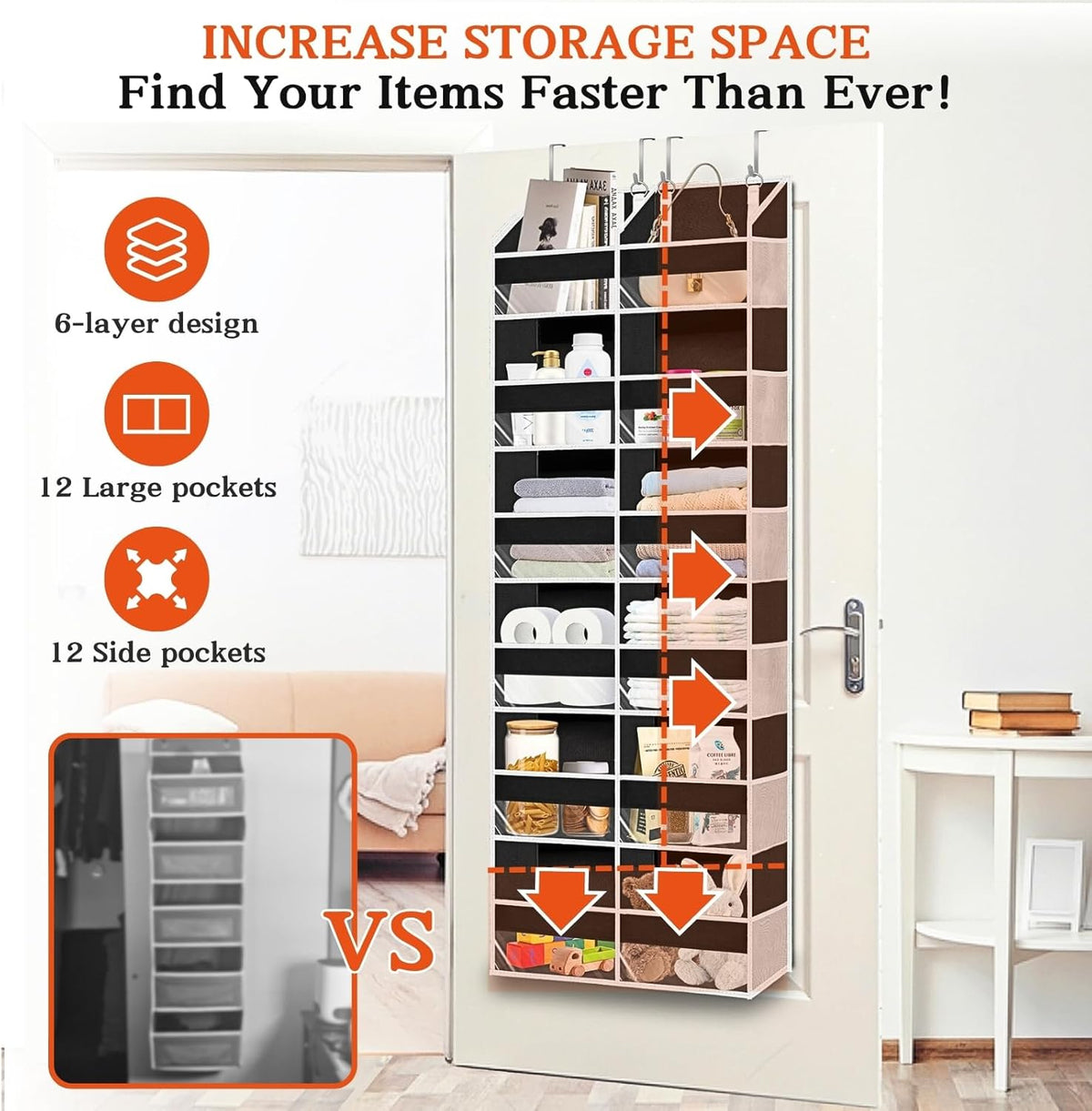 Over The Door Organizer 6 Tiers, Extra Large Behind Door Storage of 12 Compartments, 80 lbs Weight