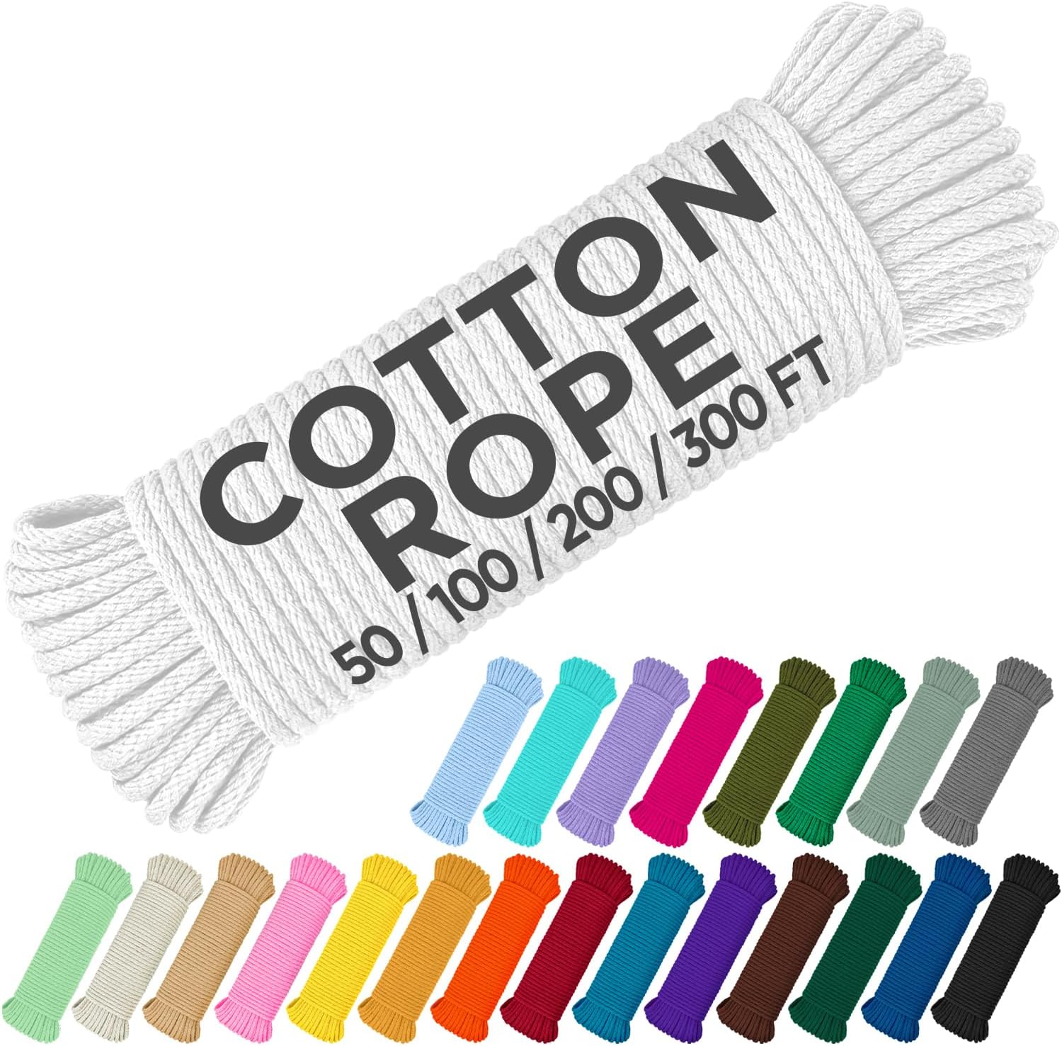 TECEUM Cotton Rope 3/16” (5 mm) – 200 FT – Strong All-Purpose Braided Rope – Natural Cotton – for