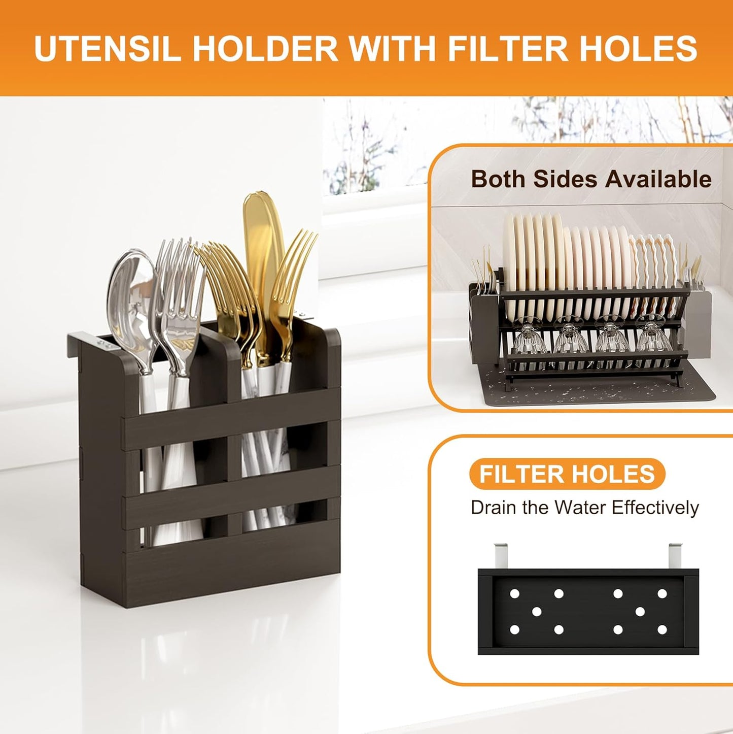Greenual Black Bamboo Dish Drying Rack with Utensil Holder, 2 Tier Collapsible Dish Rack, Wooden
