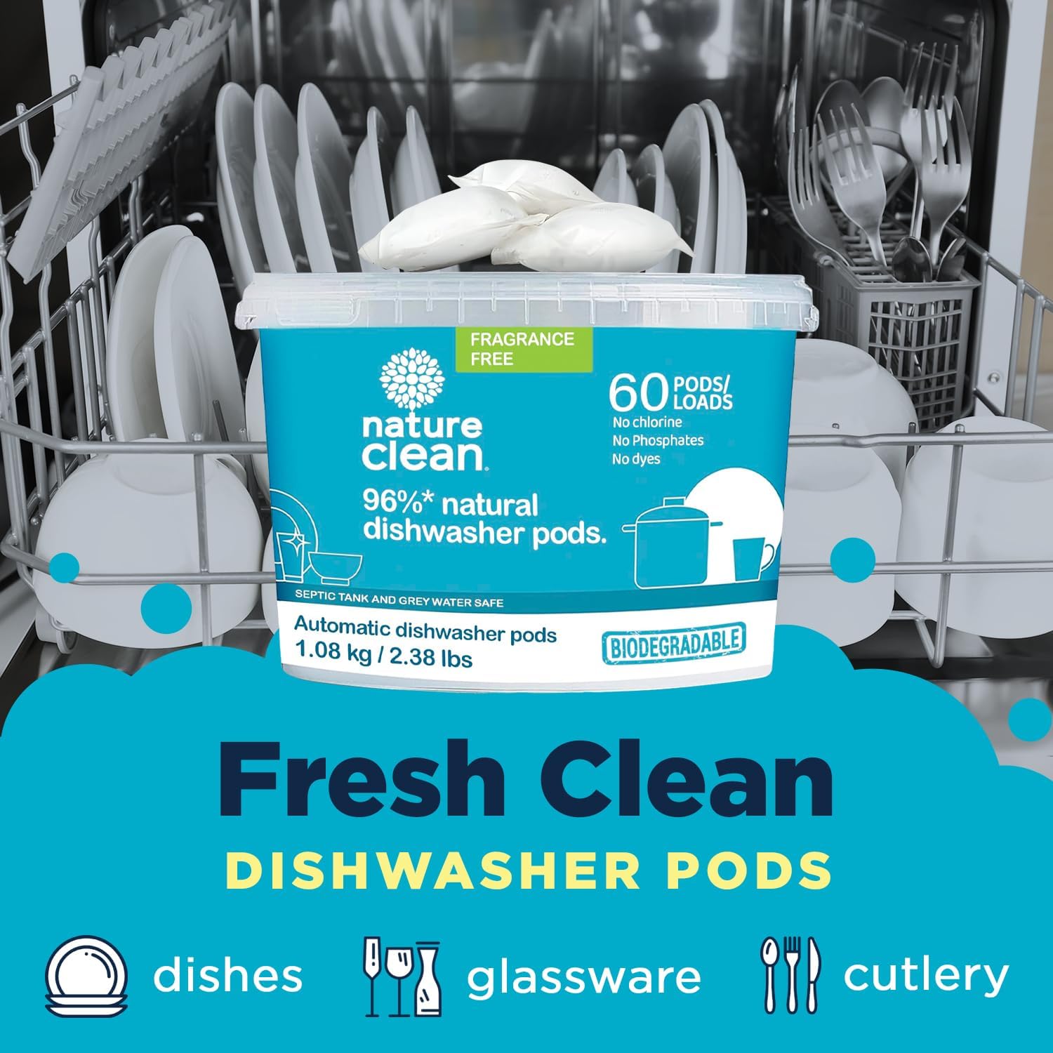 Nature Clean All Natural Dishwasher Pods, Plant-Based Non Toxic Dishwasher Detergent, Dishwashing
