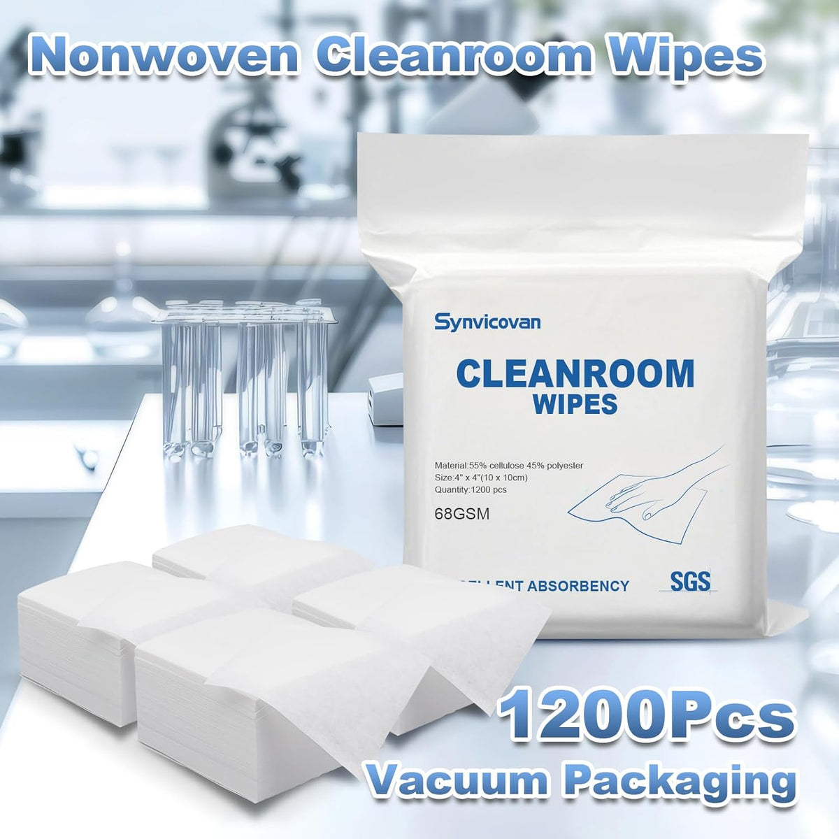 Cleanroom Wipes 4"x4" (1200 Pcs, Cellulose/Polyester Blend, Grade A, 68GSM) Lint Free Wipes for