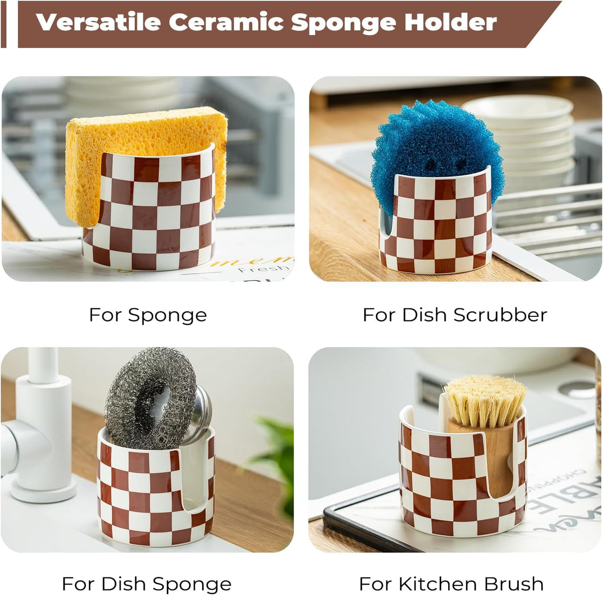 Checkered Sponge Holder for Kitchen Sink, Ceramic Dish Sponge Drying Caddy Scrubby Holder Kitchen