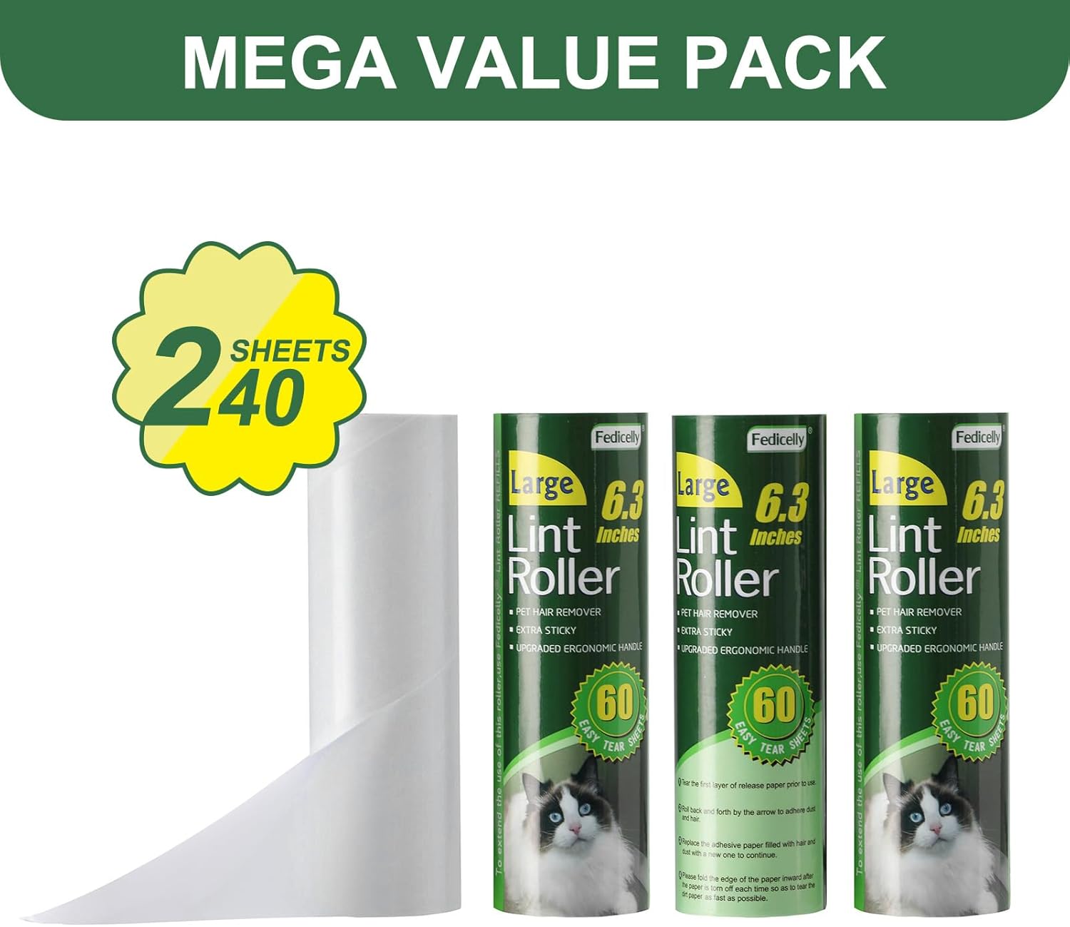 Fedicelly Large Lint Rollers Pet Hair Extra Sticky Refills,Mega Value Set 6.3 inches Wider with 320