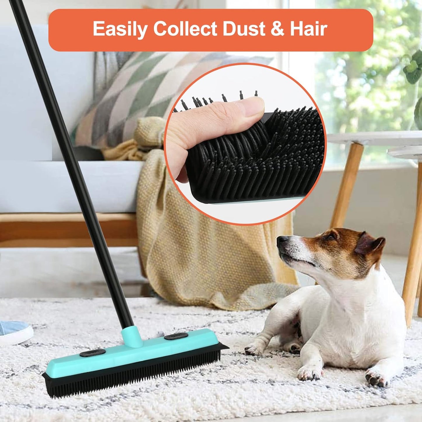 Rubber Broom Carpet Rake for Pet Hair Removal, Fur Remover Broom with 59" Telescoping Long Handle