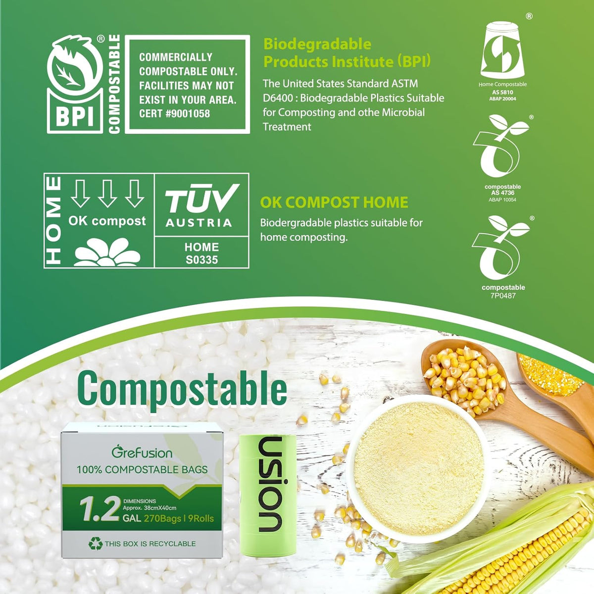 GreFusion Compostable Trash Bags, Small 2.6 Gallon, 270 Count, 0.72 Mils Thick, Eco Friendly, ASTM