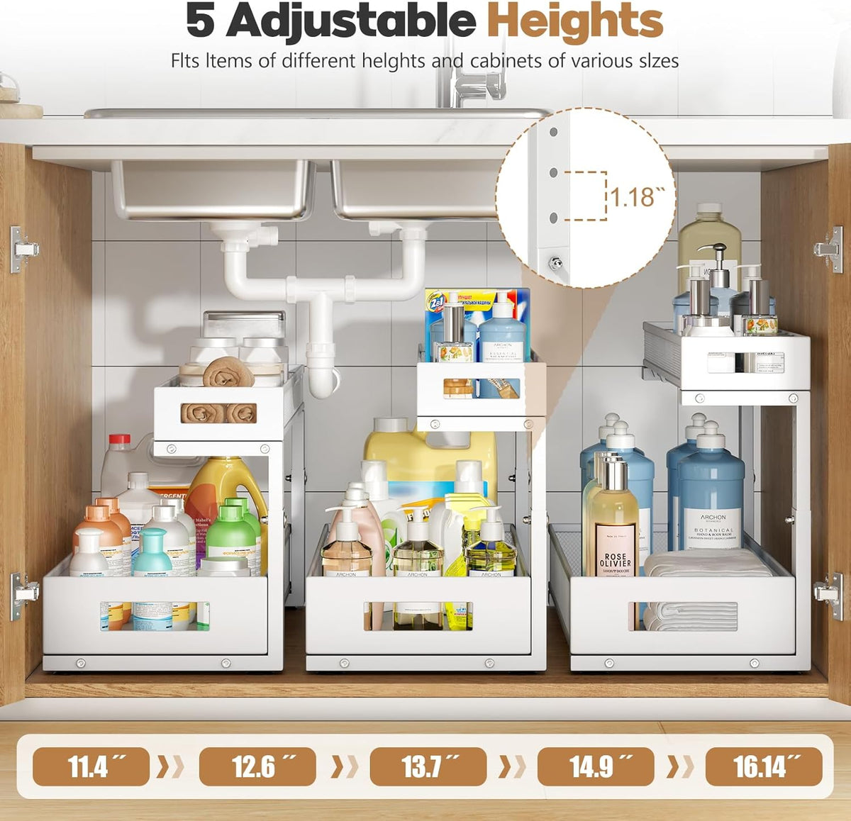 2 Pack 20.47IN Depth Under Sink Storage Organizer, Large 2-Tier Elegant Mesh Pull Out Shelf for