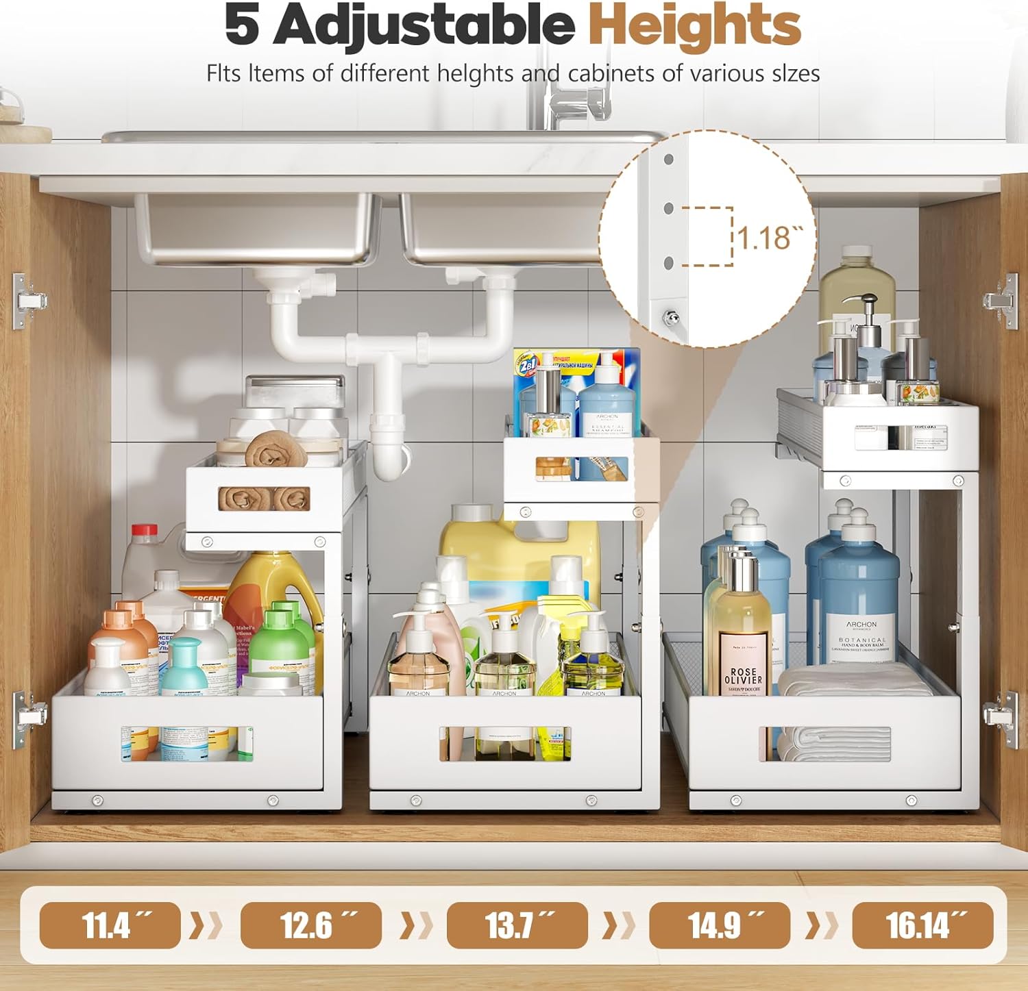 2 Pack 20.47IN Depth Under Sink Storage Organizer, Large 2-Tier Elegant Mesh Pull Out Shelf for