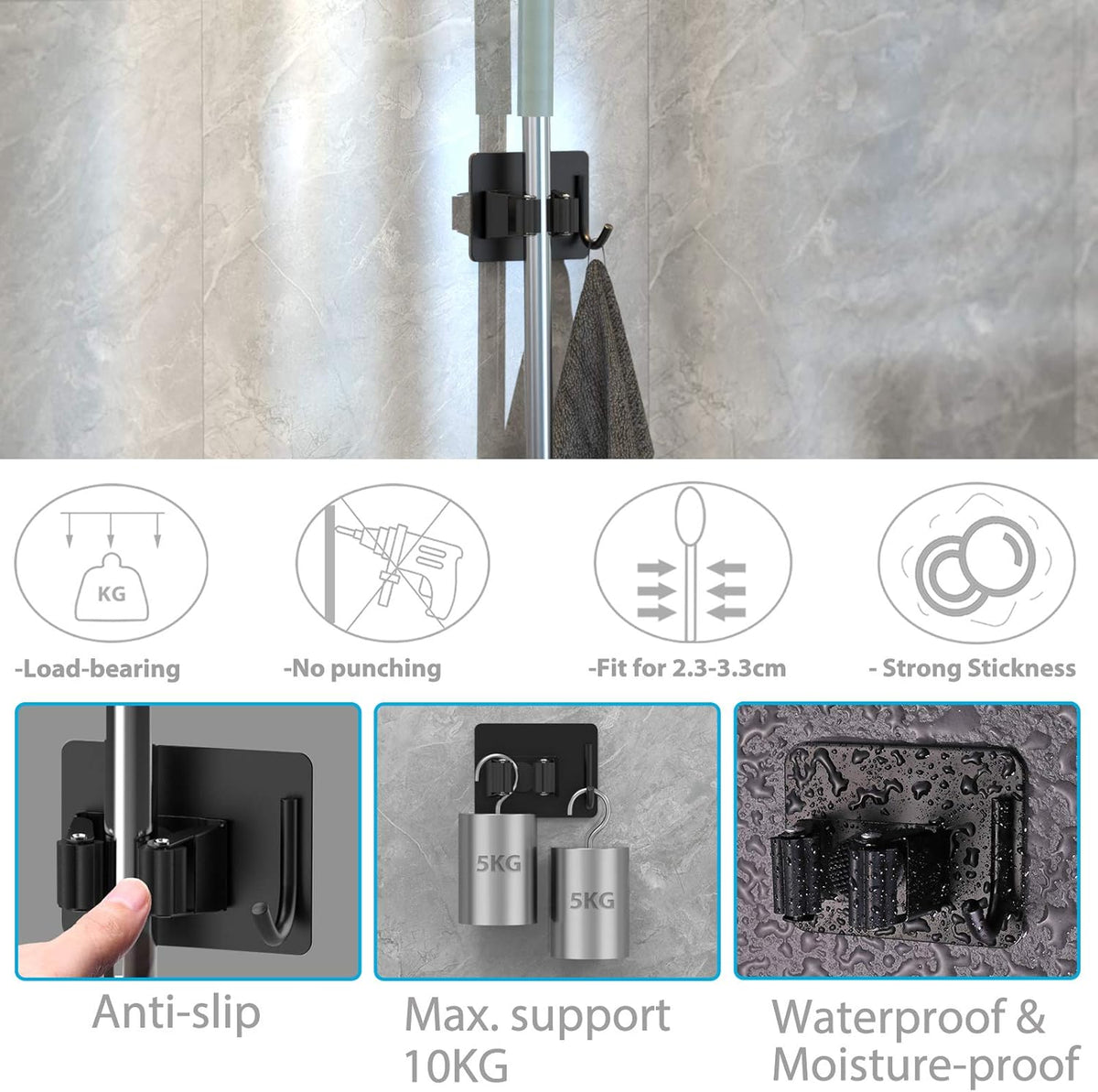 Mop Broom Holder No Drill, Mop Broom Organizer Wall Mounted Heavy Duty with Hooks Hanger, Self
