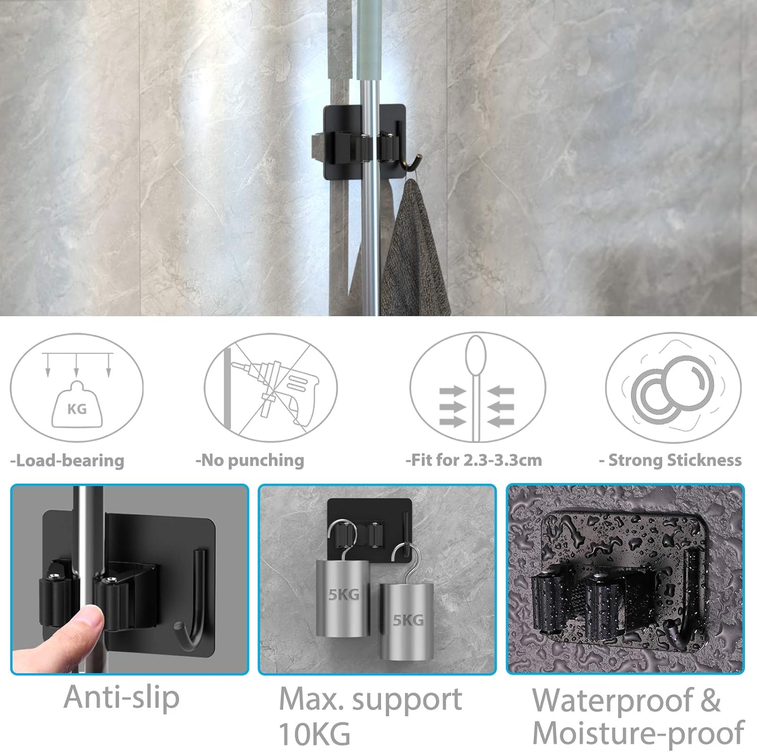 Mop Broom Holder No Drill, Mop Broom Organizer Wall Mounted Heavy Duty with Hooks Hanger, Self
