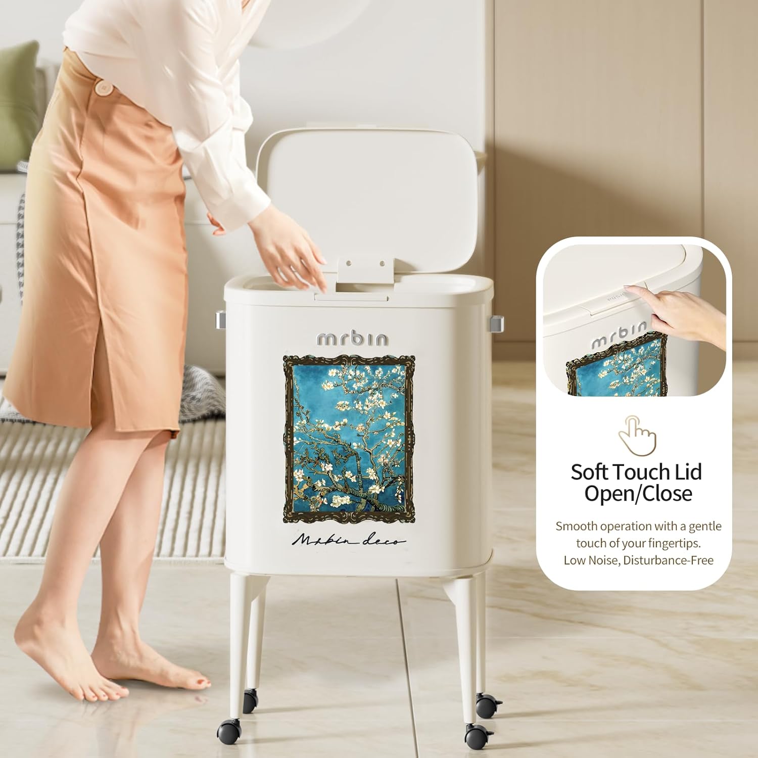 MRBIN Metal Kitchen Trash Can with Wheel Legs, 36L / 9.5gal Medium Press Lid Slim Removable Waste
