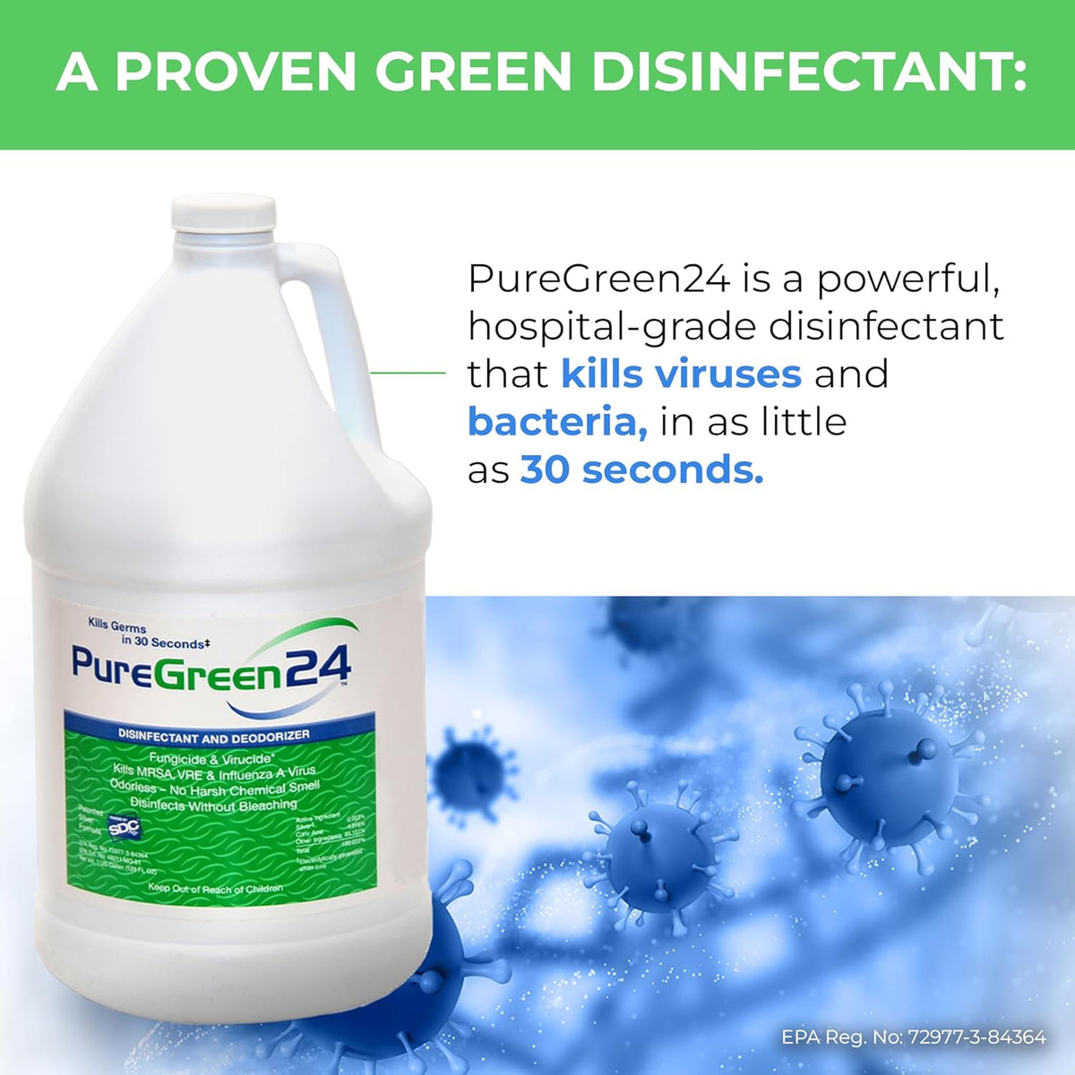 PureGreen24 Safe & Effective Disinfectant. Kills Deadly Germs including RSV COVID-19 Norovirus MRSA