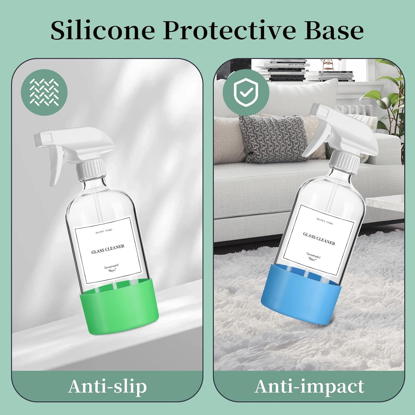 2 Pack Glass Spray Bottles with Silicone Sleeve,16oz Clear Glass Spray Bottles Refillable Empty