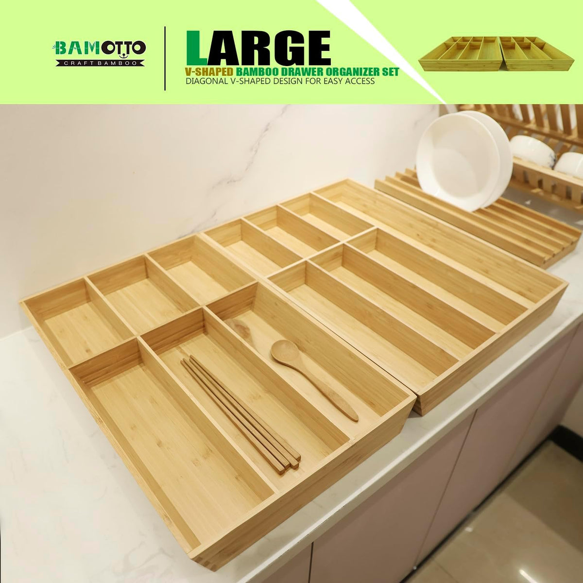 V-Shaped Extra Large Bamboo Drawer Organizer Set of 2, Kitchen Cutlery Tray Utensil Plate