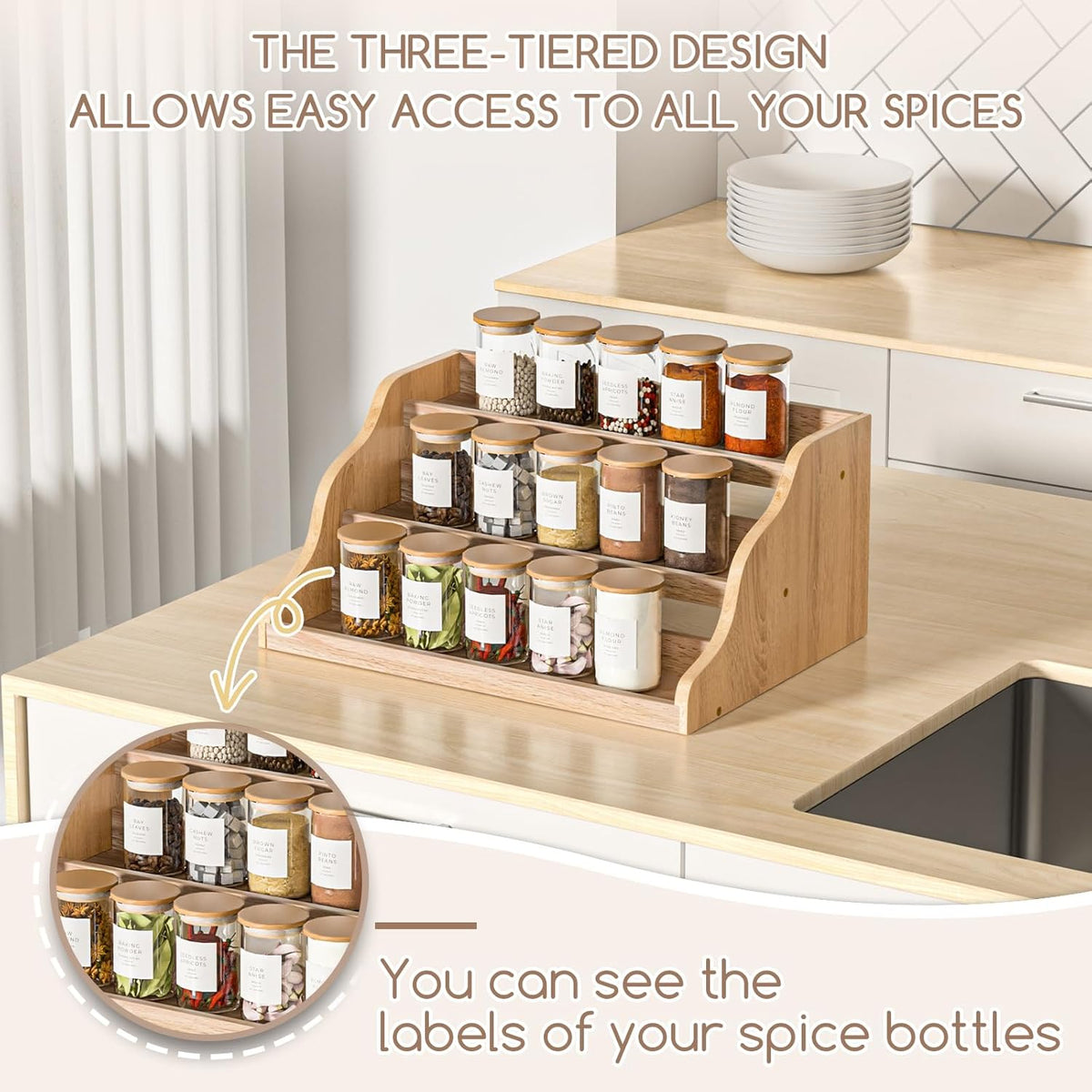 Tiered Spice Rack Organizer for Cabinet, Wooden Spice Rack for Countertop, Spice Shelf organizer