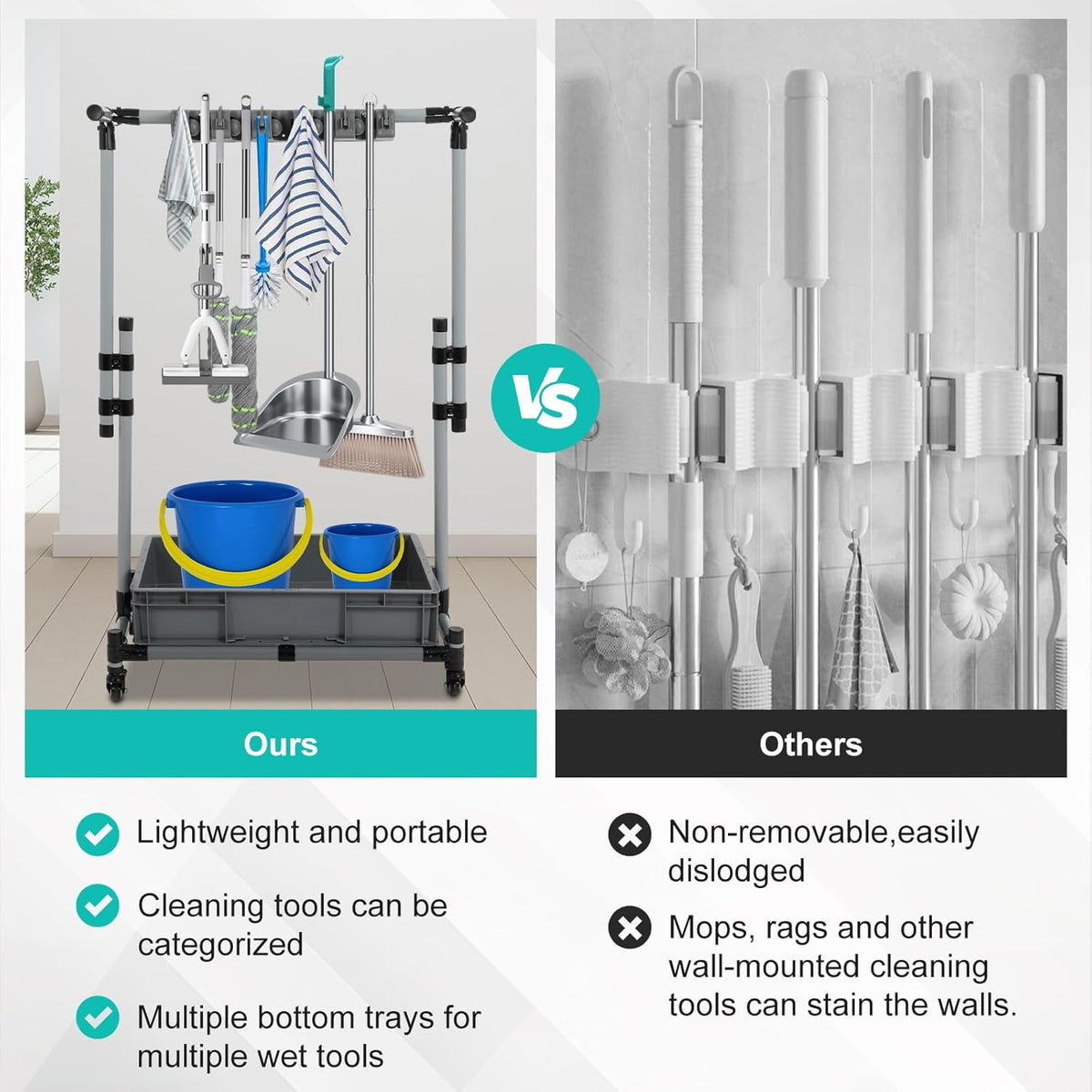 Rolling Cleaning Cart with Mop & Broom Organizer,Movable Floor-Mounted Mop Rack Floor Standing