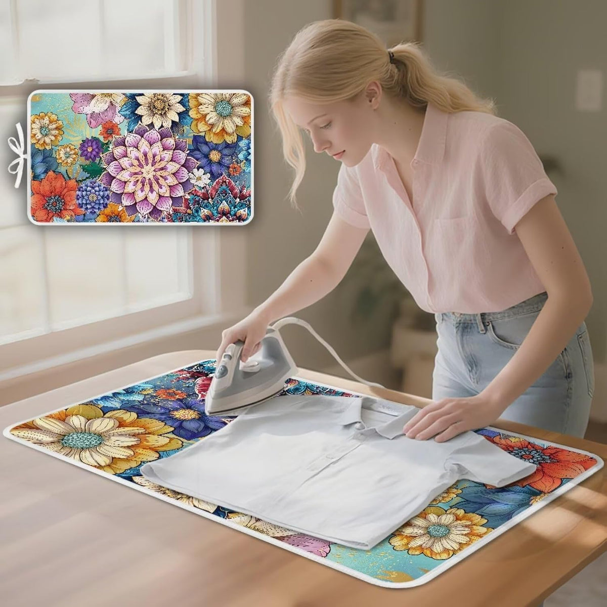 Ironing Mat Boho Flower Portable Ironing Pad Blanket for Table Top Heat Resistance Travel Small 32