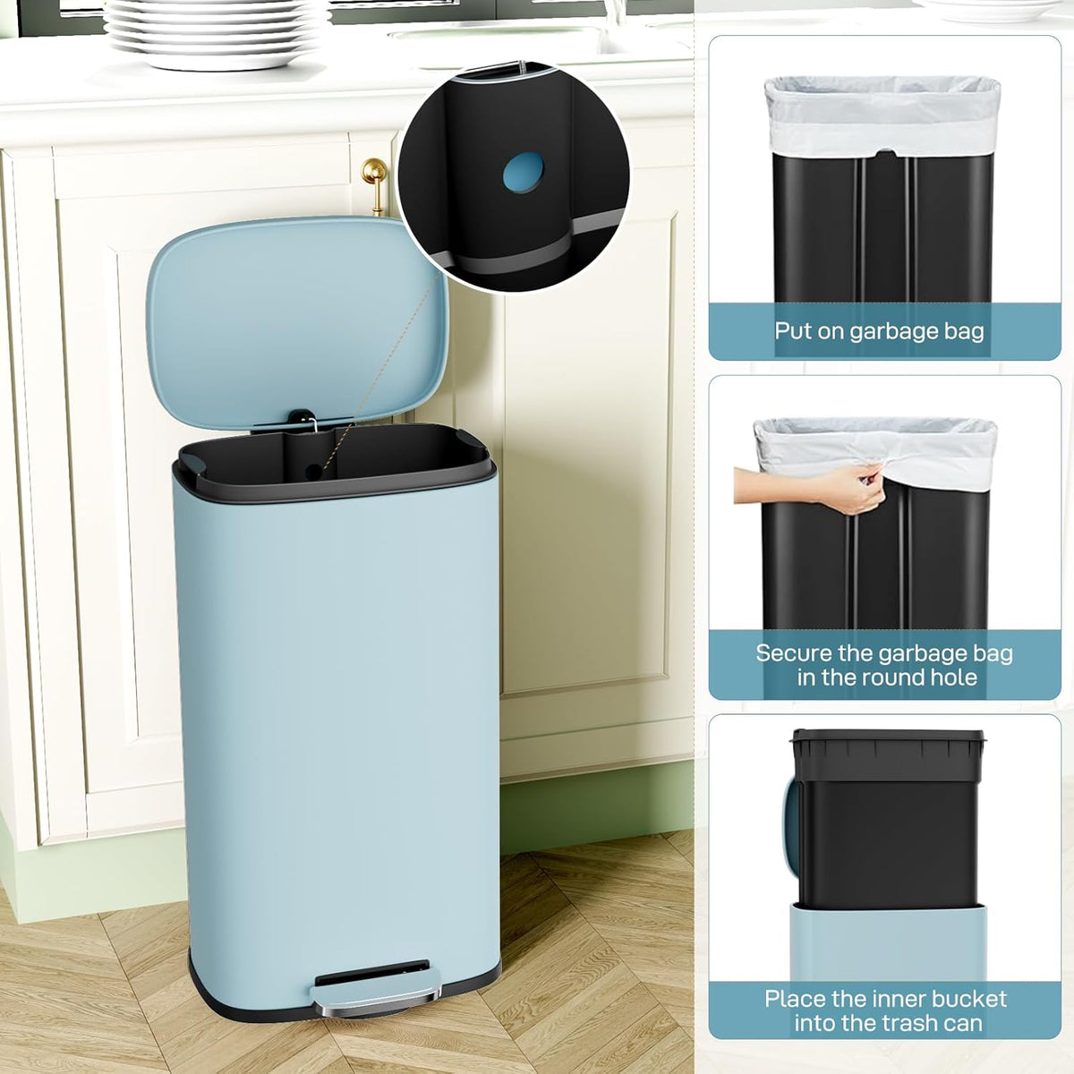 Arlopu 8/13.2 Gallon Step Trash Can, Stainless Steel Garbage Bin, Soft-Close Rubbish Bin with