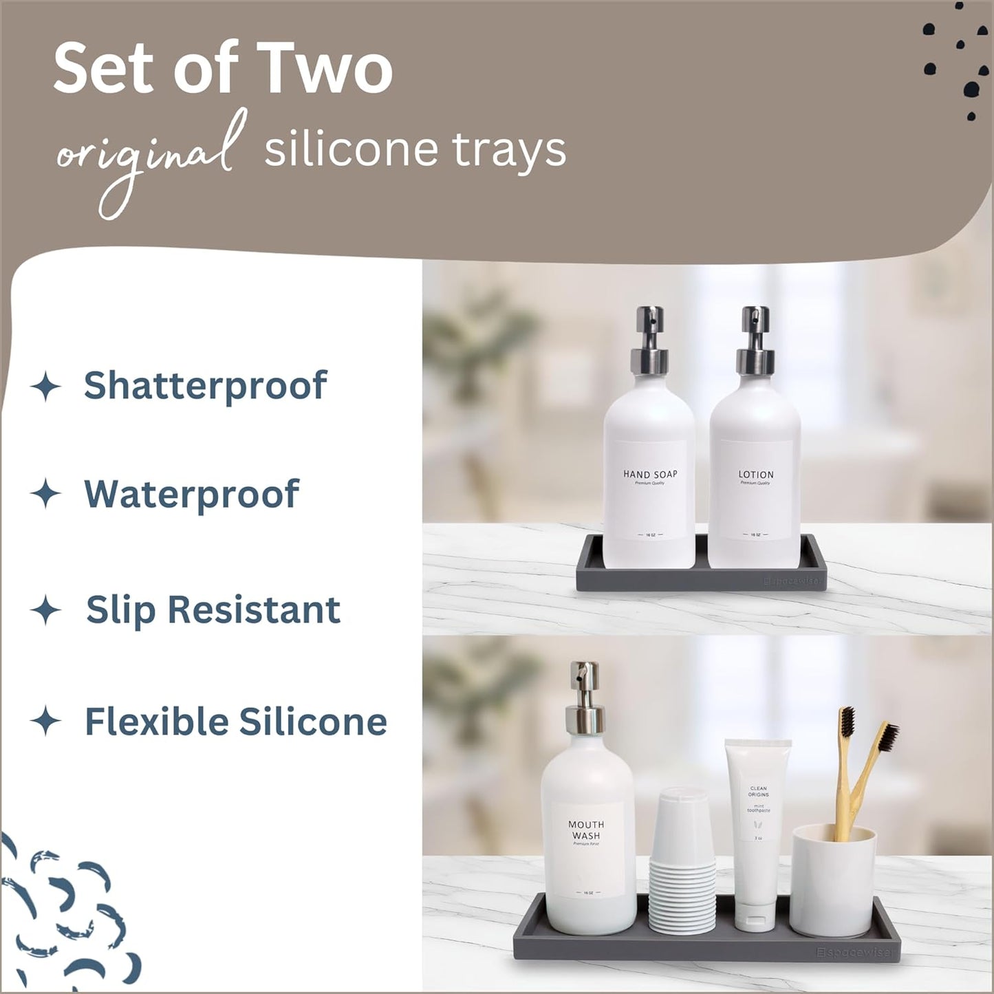 Countertop and Vanity Tray - 2 PC (11” and 7”) Shatterproof Silicone Kitchen and Bathroom Trays for